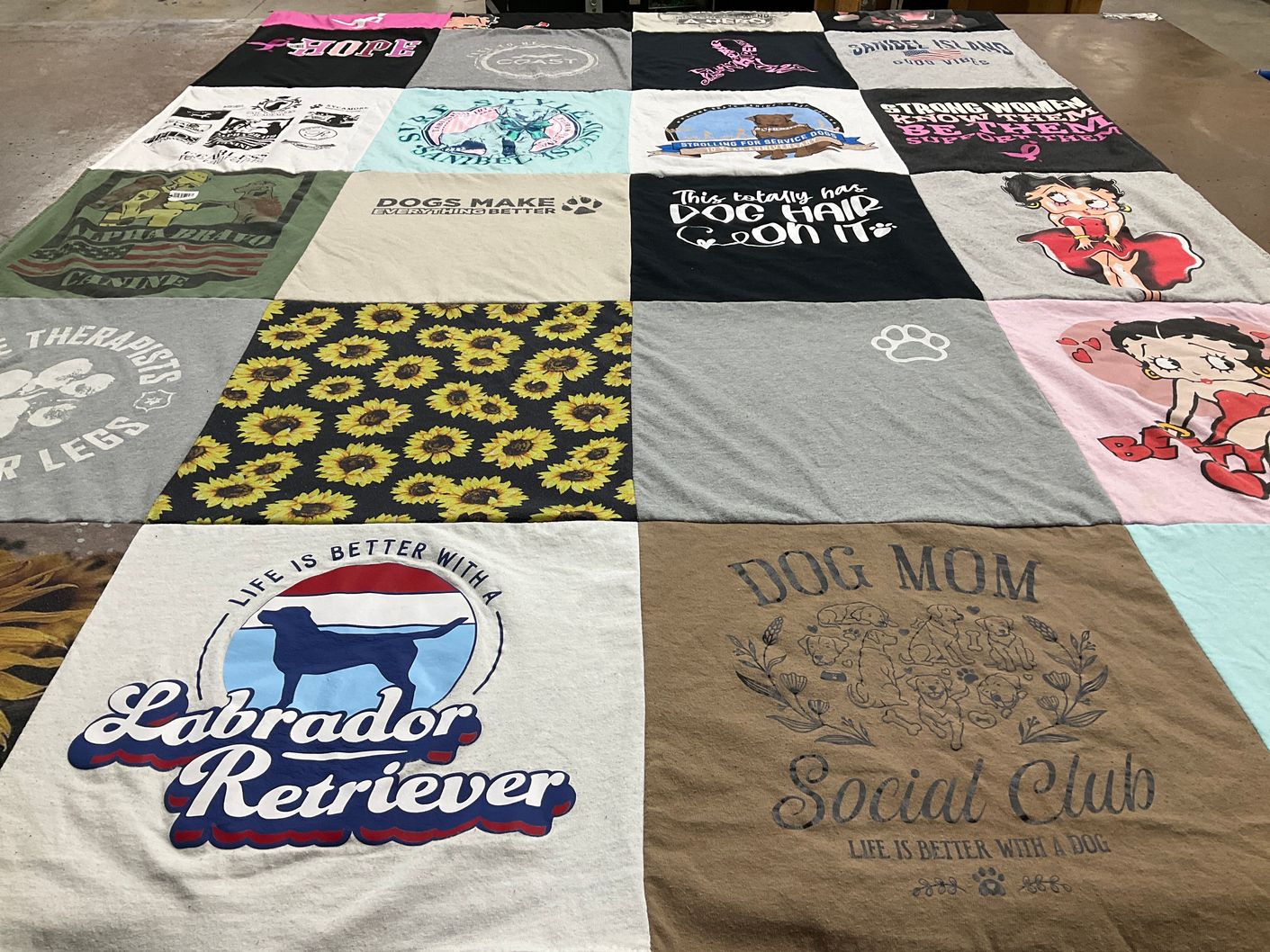 T-shirt quilt with dogs, dog ownership themes by Betty from NJ