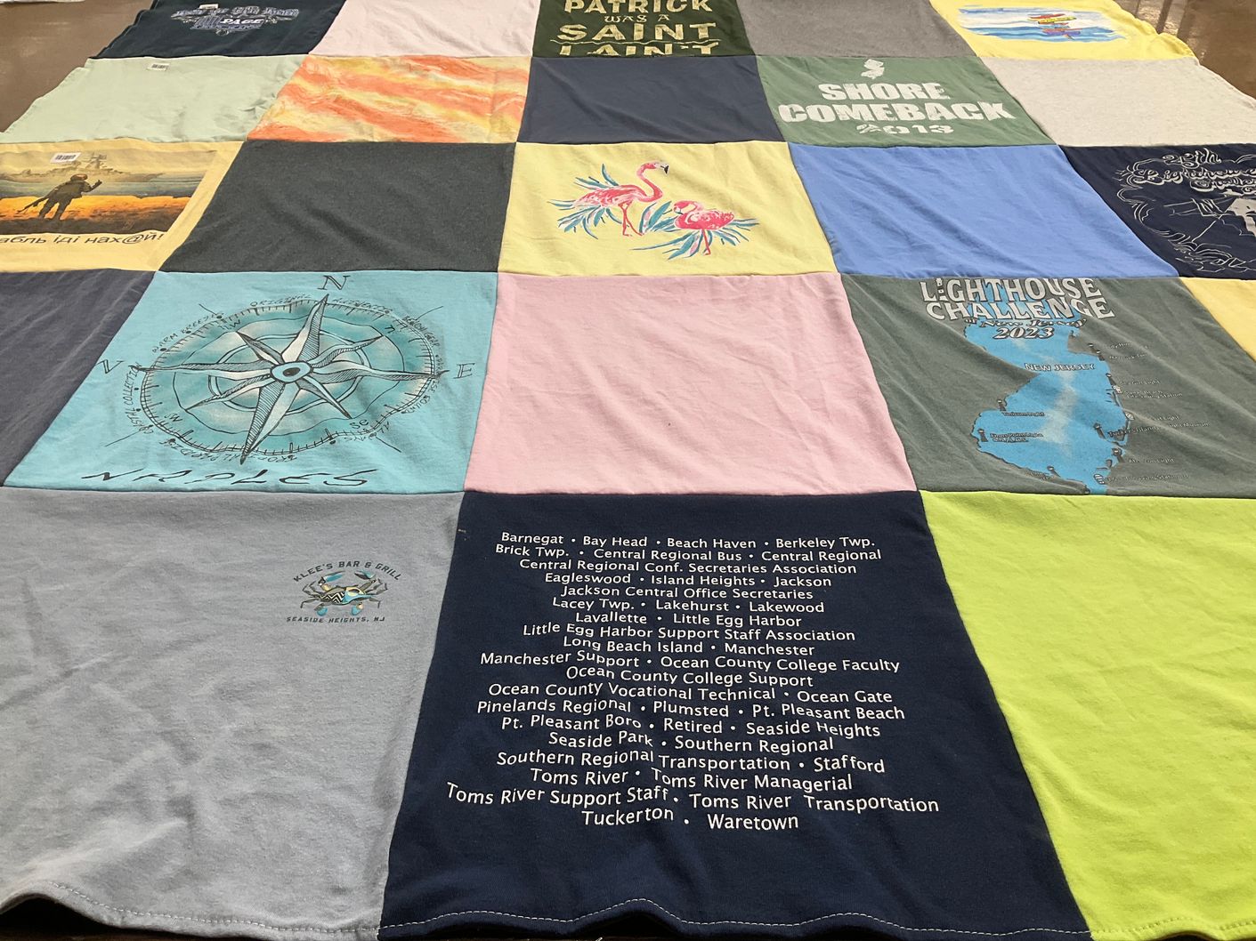 T-shirt quilt with beach activities, local events themes by Helen from NJ