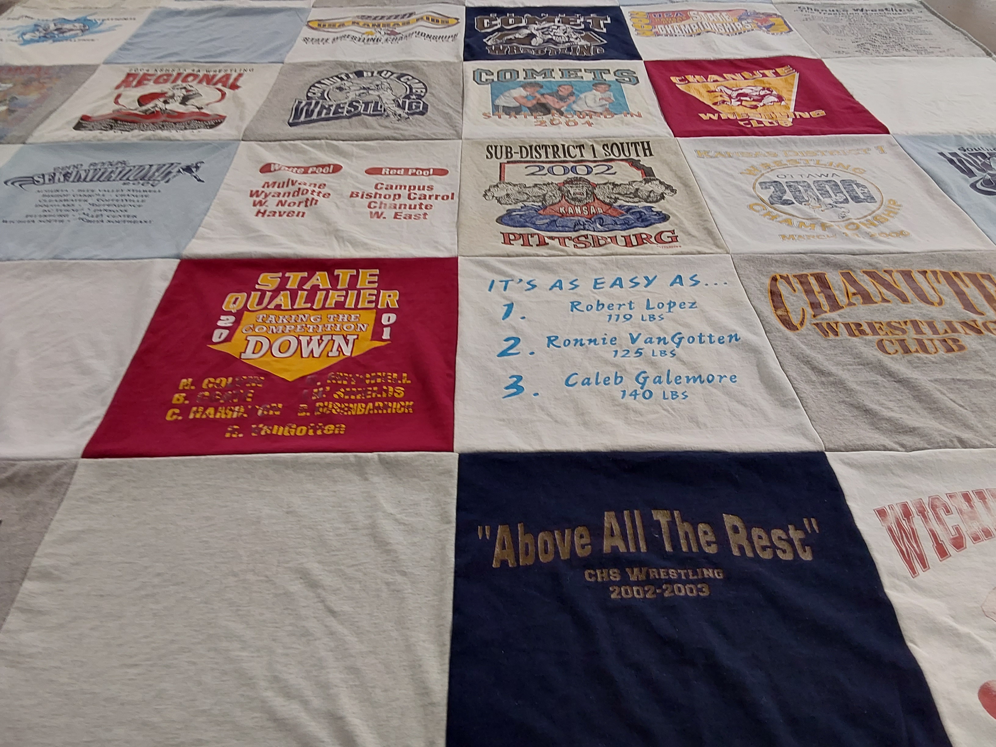 T-shirt quilt featuring chanute wrestling club by Janice from KS