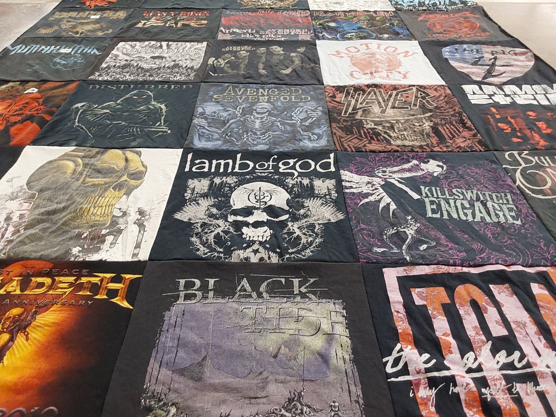 T-shirt quilt with heavy metal music, concerts themes by Sam from MA