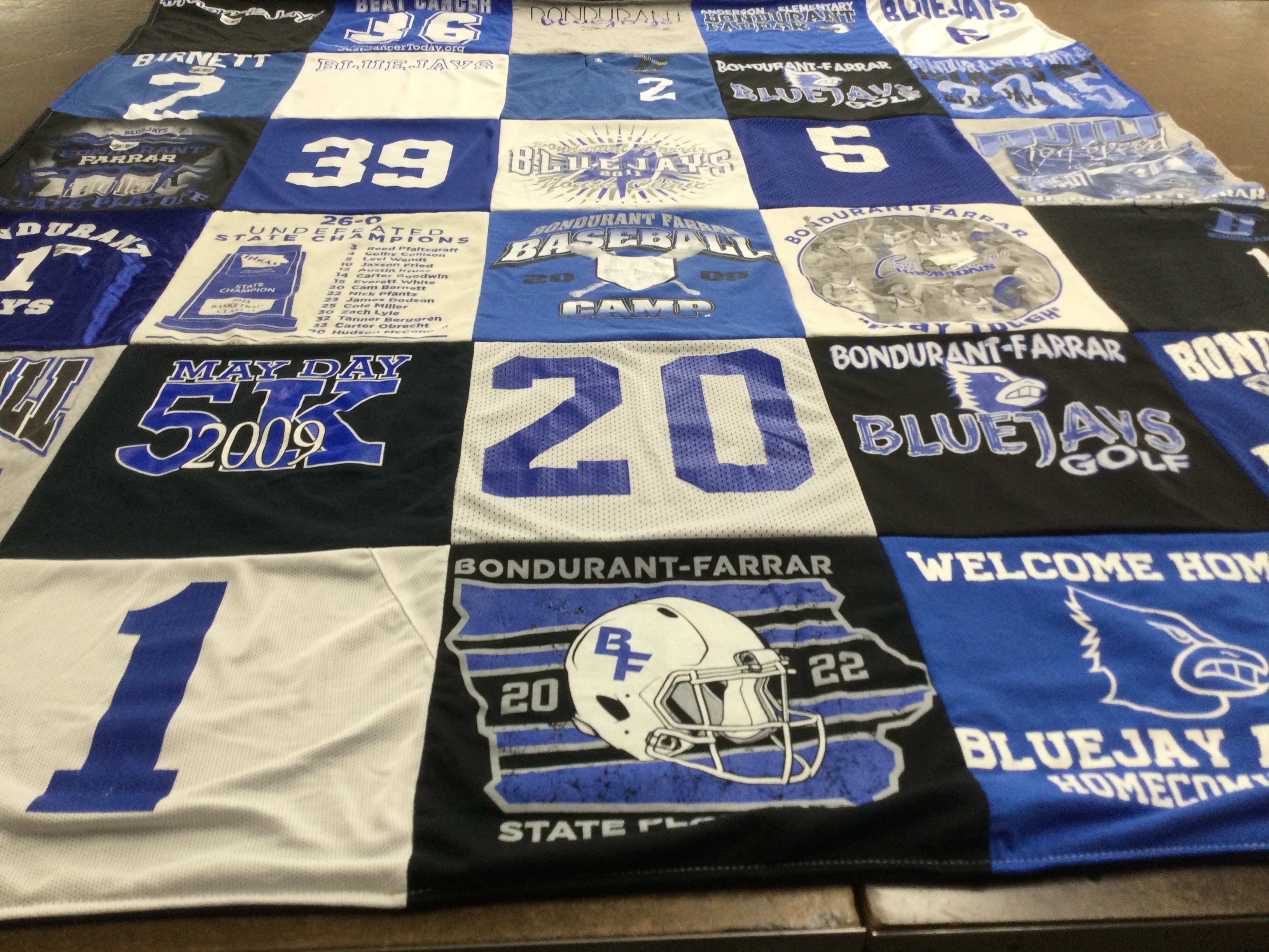 T-shirt quilt featuring bondurant-farrar bluejays by Julie from IA