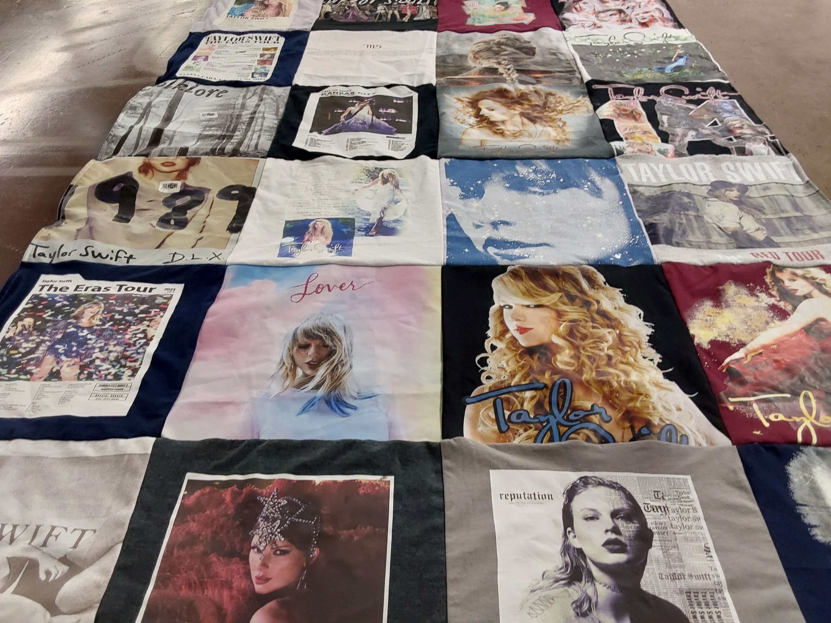 T-shirt quilt with music, pop culture themes by Purinton from MO