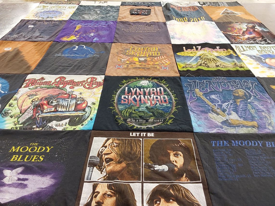 T-shirt quilt with music, classic rock themes by Jeanne from IL