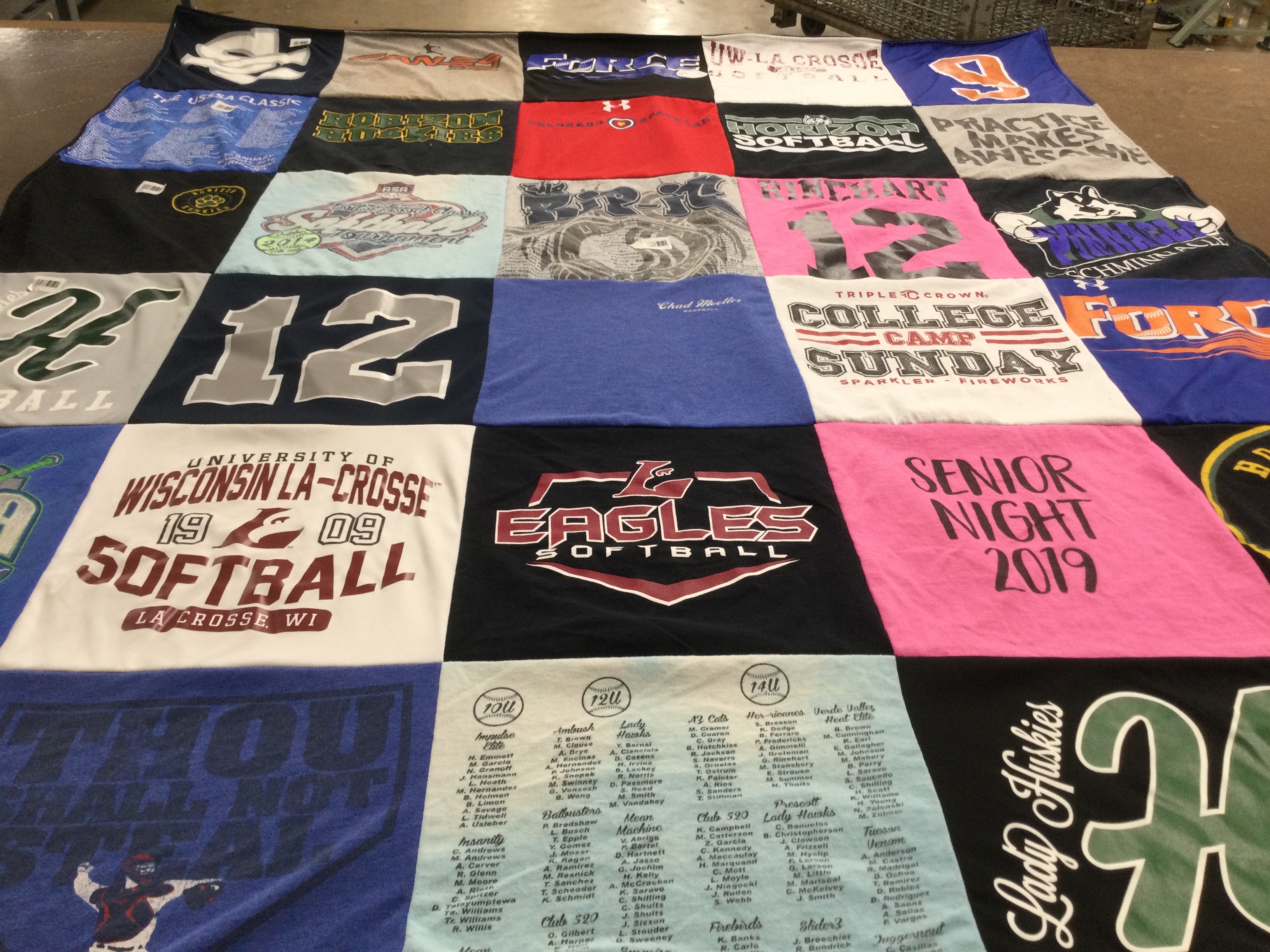 T-shirt quilt featuring eagles softball, lady huskies by Vicky from AZ