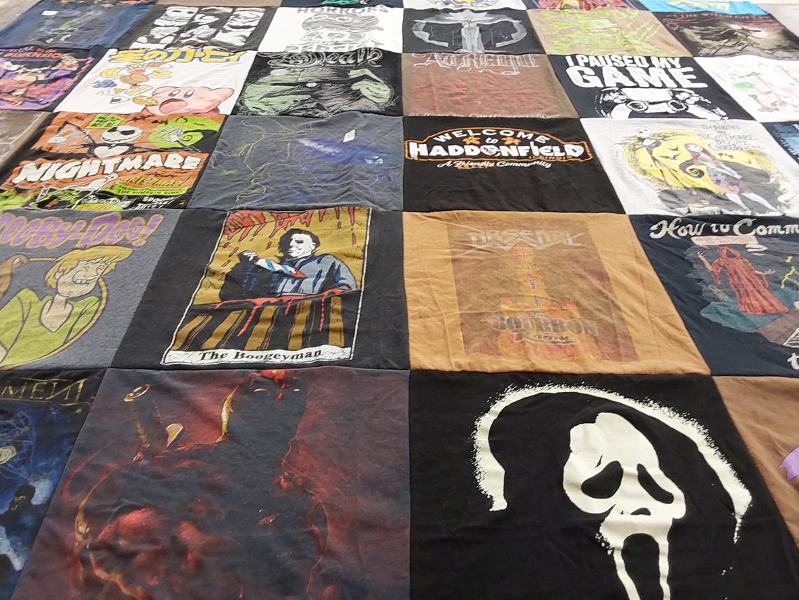 T-shirt quilt with horror movies, video games themes by Gabrielle from NM
