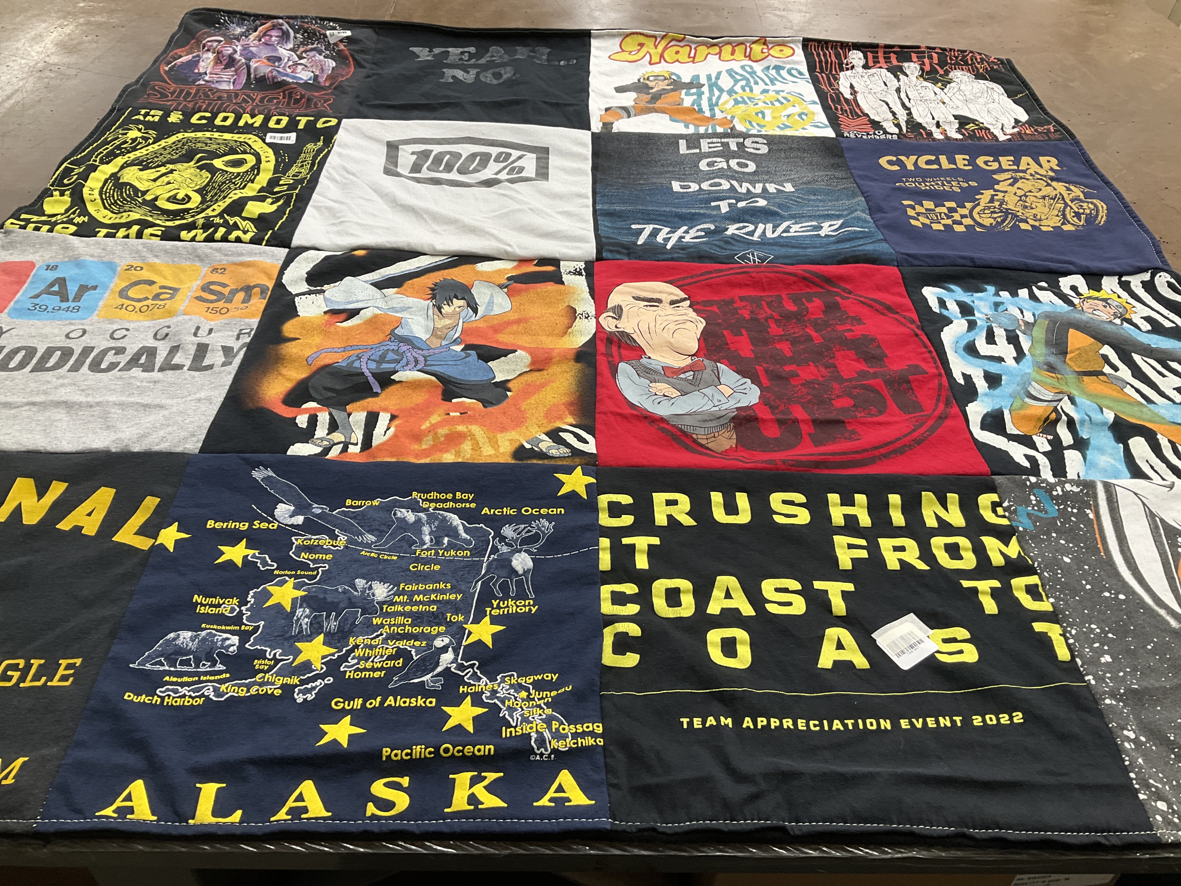 T-shirt quilt with anime, motorcycles themes by Michael from TX