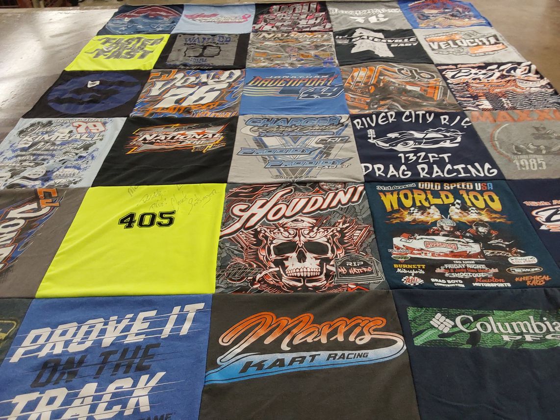 T-shirt quilt with racing, motorsports themes by Jean from FL