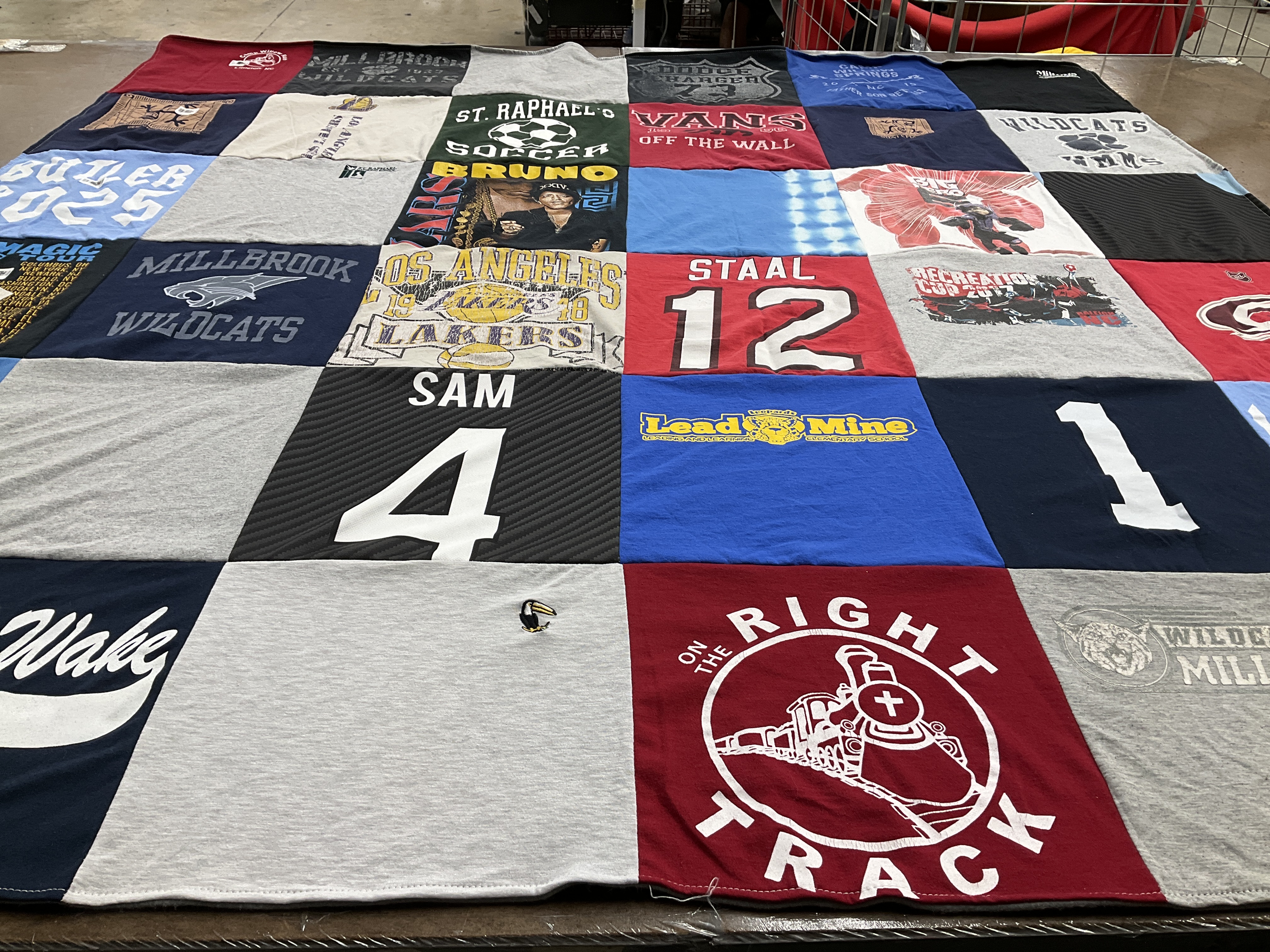 T-shirt quilt featuring wildcats, lakers by Kathleen from NC
