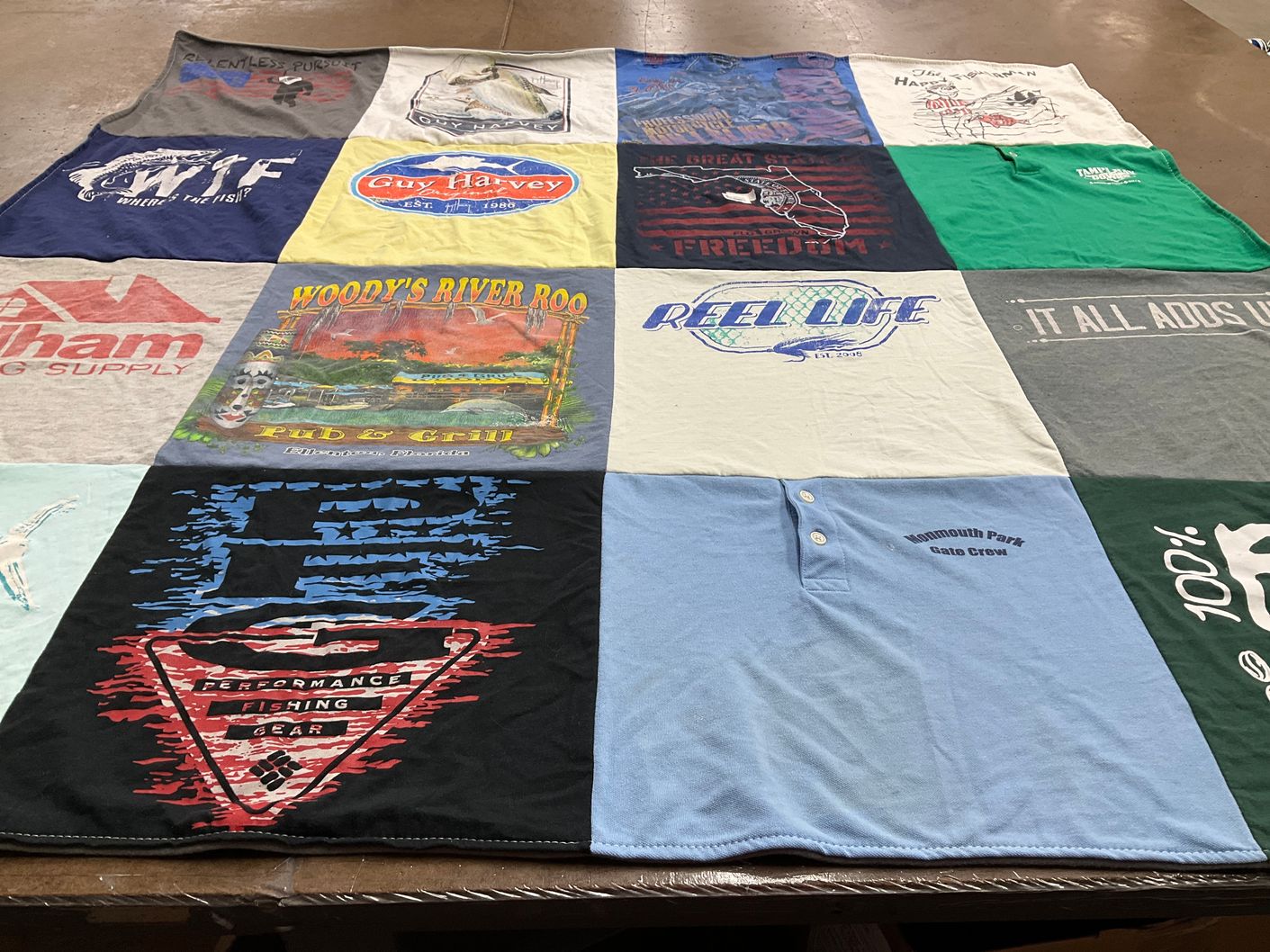 T-shirt quilt with fishing, seafood themes by shannon from FL