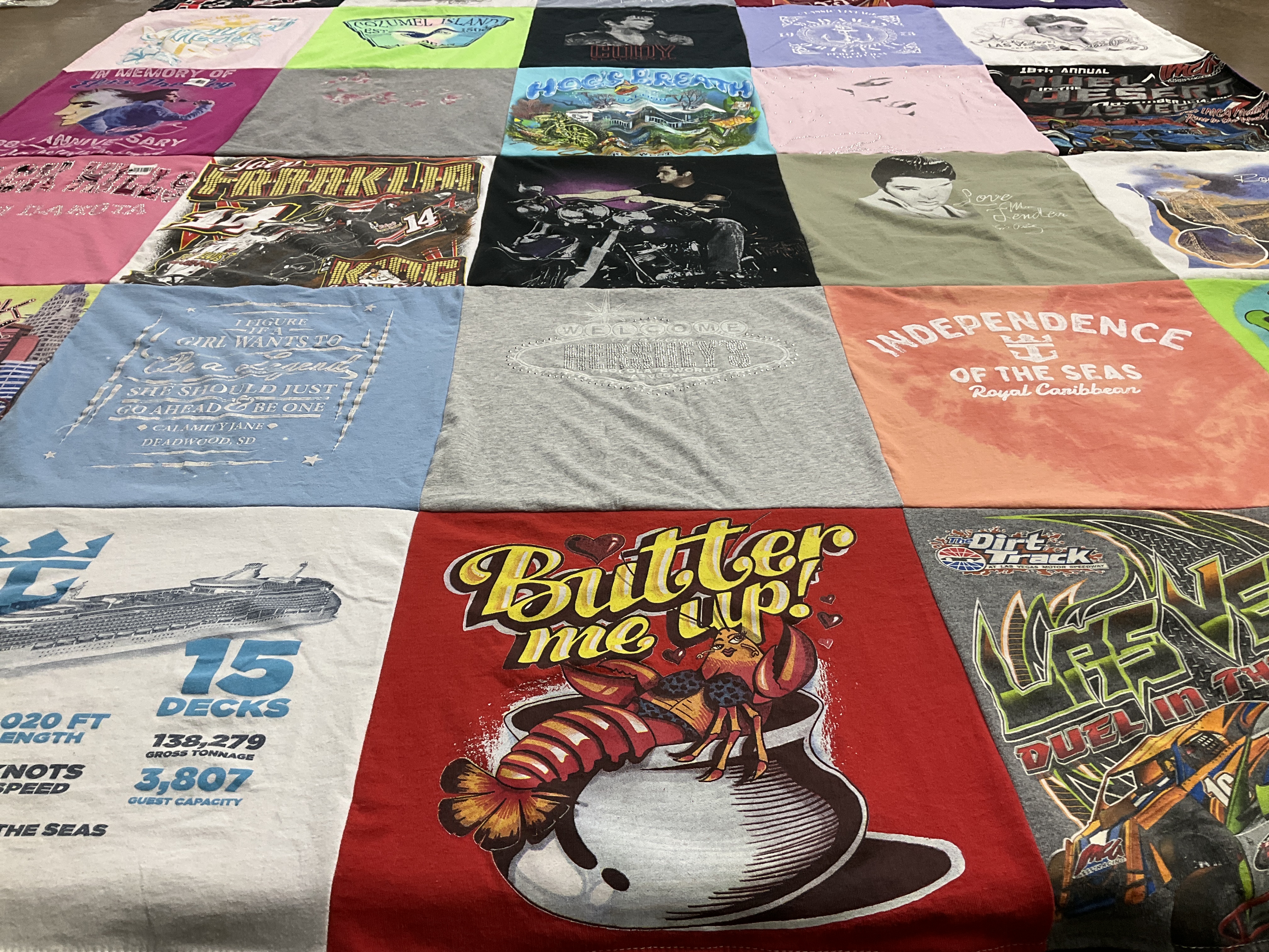 T-shirt quilt with travel, music themes by Linda from CO