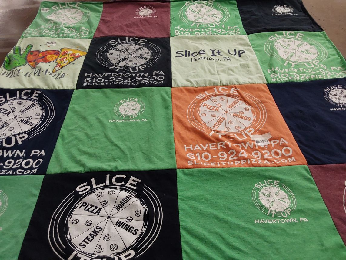 T-shirt quilt with pizza, food themes by Kaylee from PA