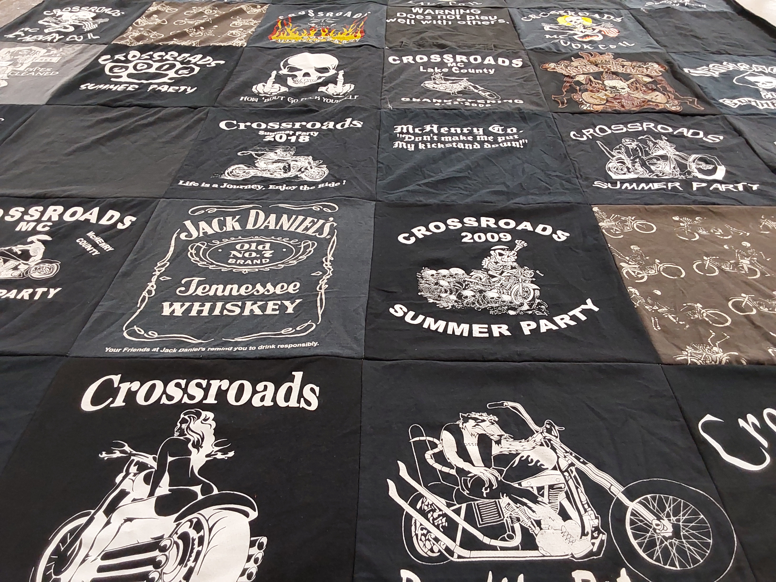 T-shirt quilt with motorcycles, biking themes by Lisa from LA