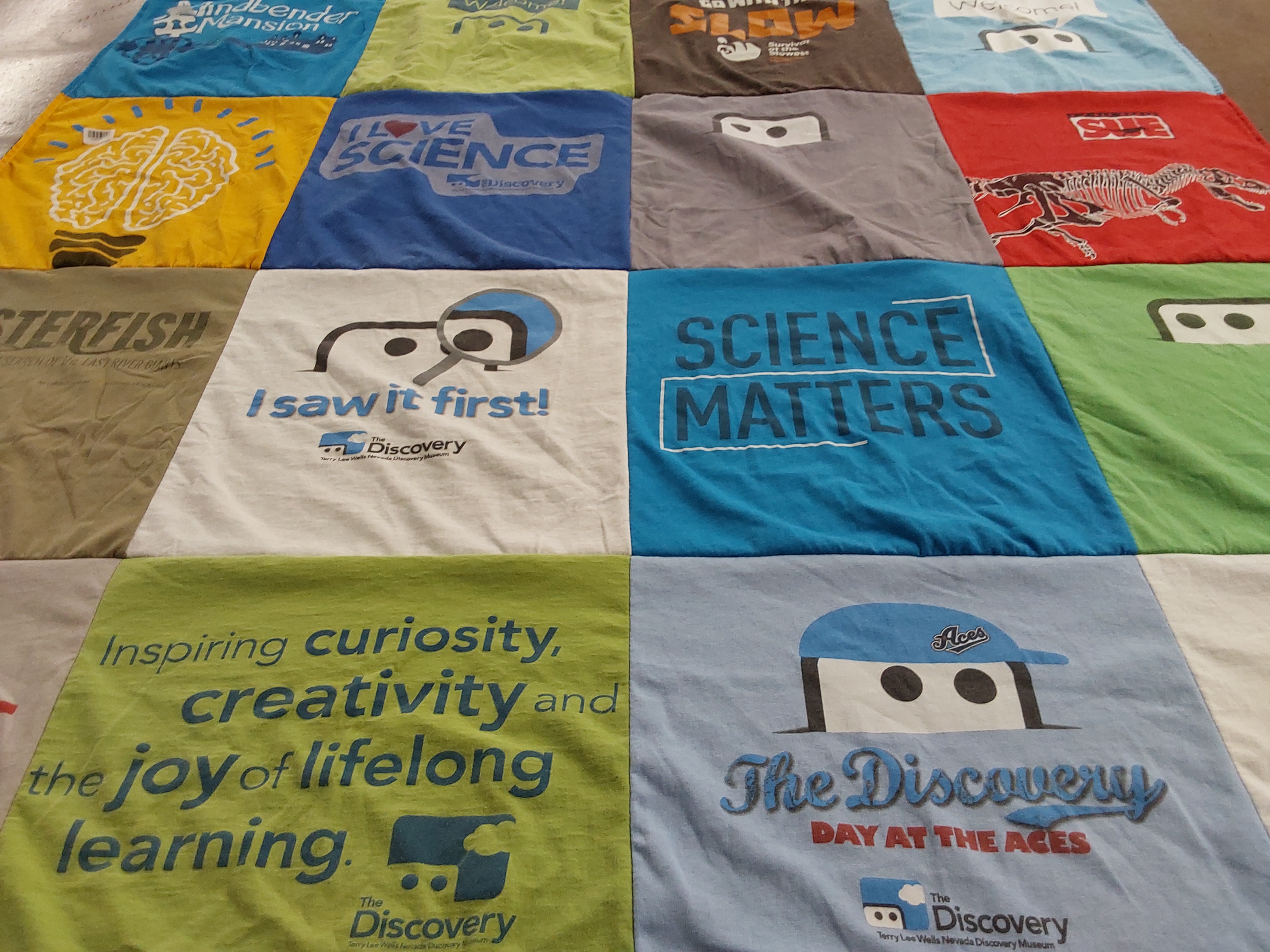 T-shirt quilt with science, education themes by JUDY from NV