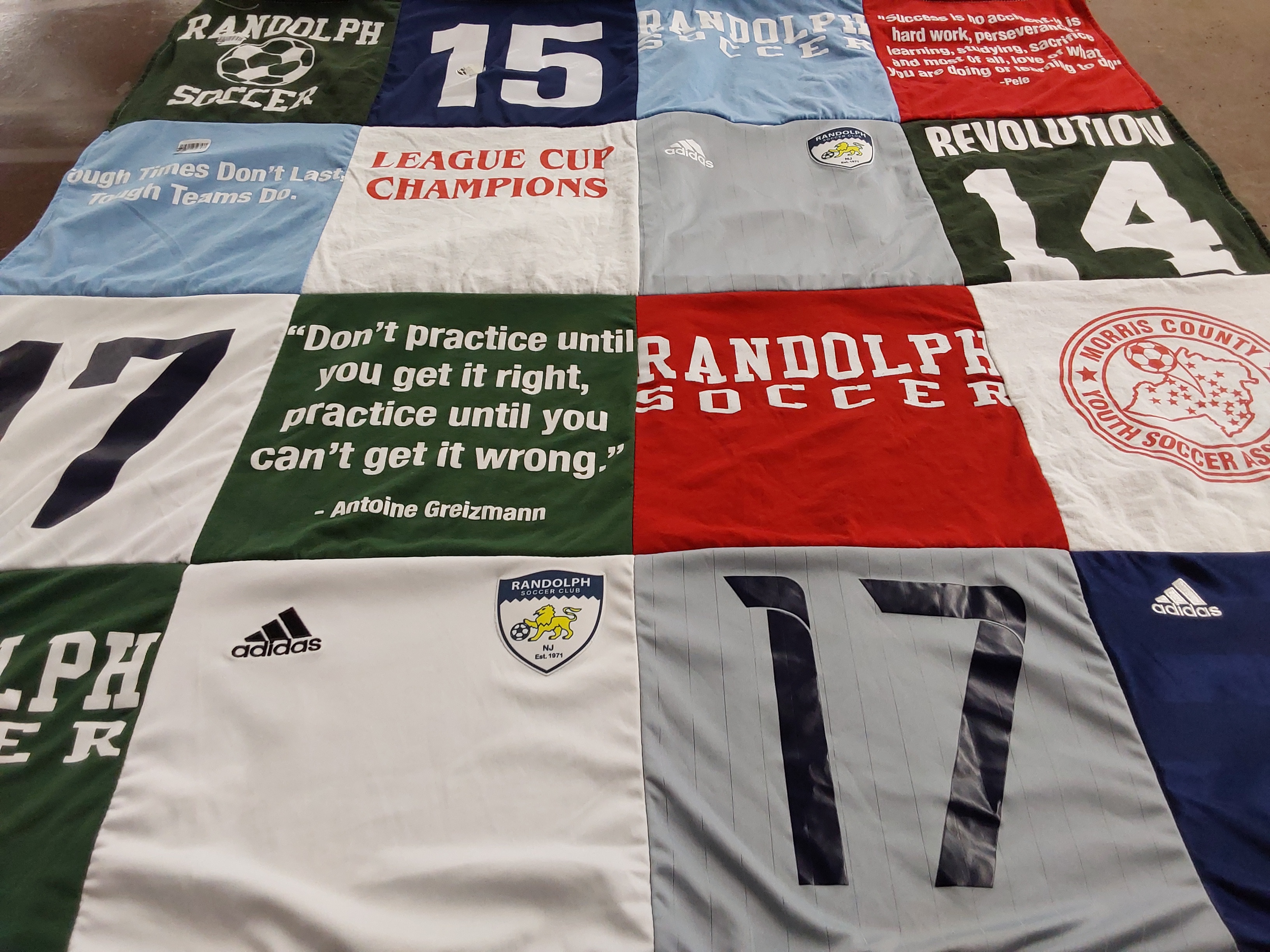 Custom Project Repat t-shirt quilt featuring shirts from randolph high school.