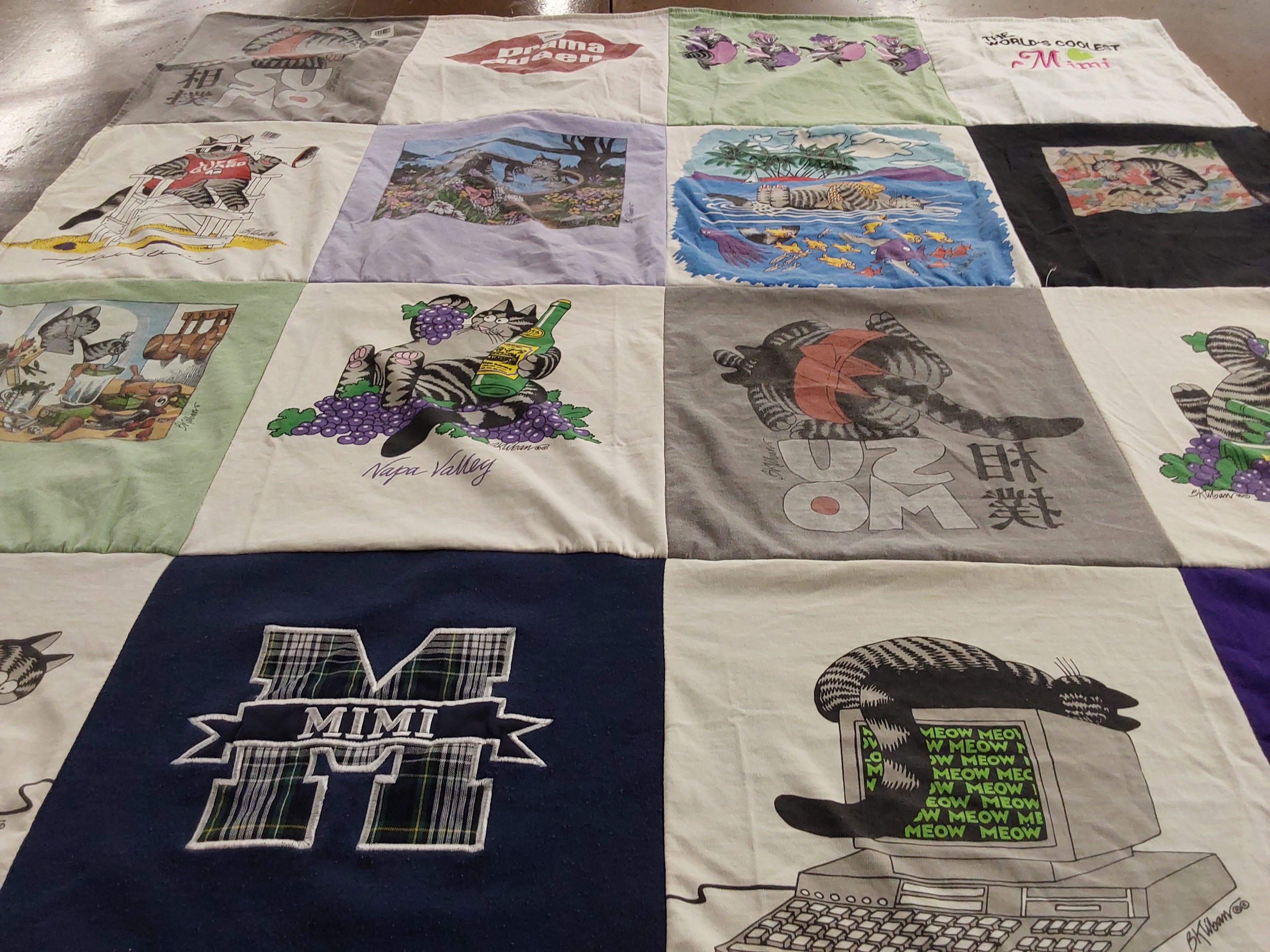 T-shirt quilt with cats, wine themes by Robin from TX