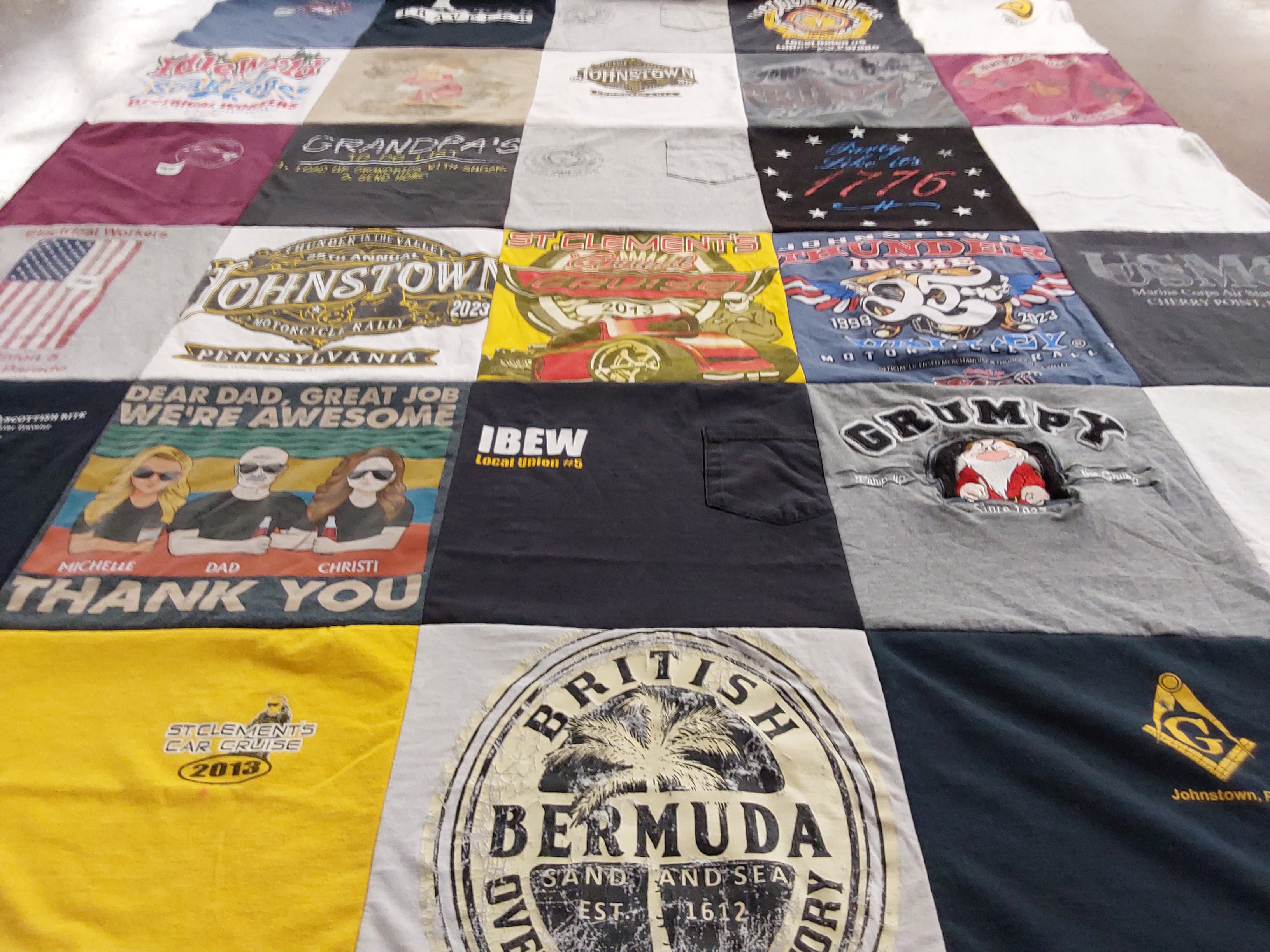 T-shirt quilt with motorcycles, dad themes by Bev from PA