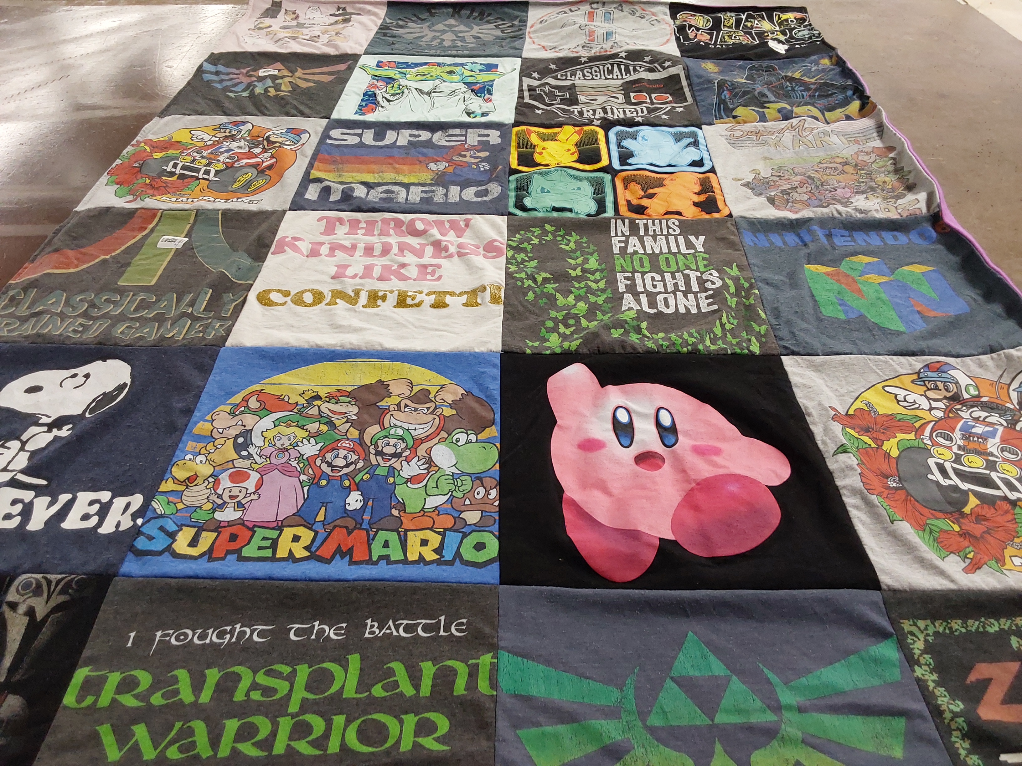 T-shirt quilt with gaming, video games themes by Paula from NC