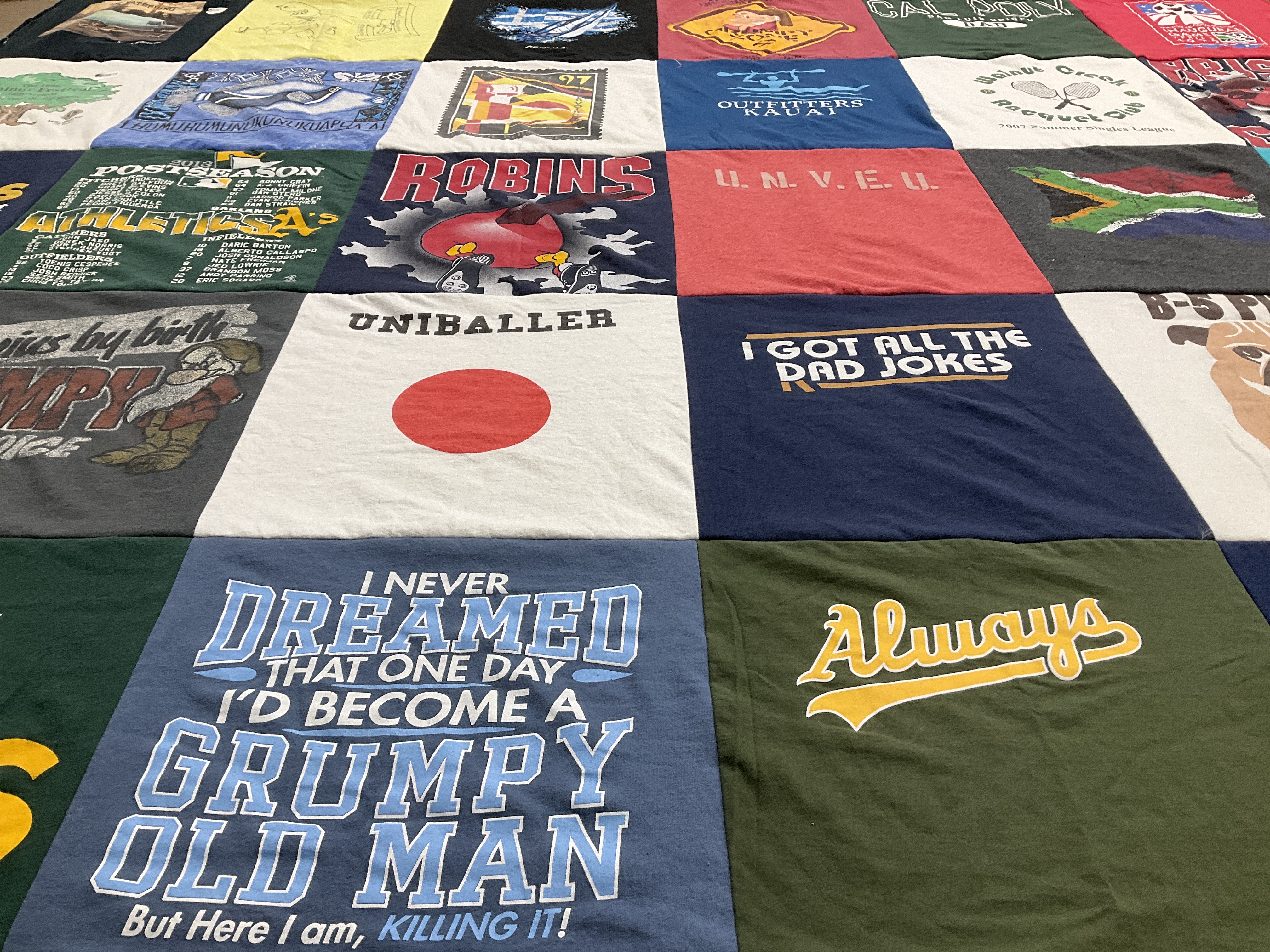 T-shirt quilt with humor, comedy themes by JON from CA
