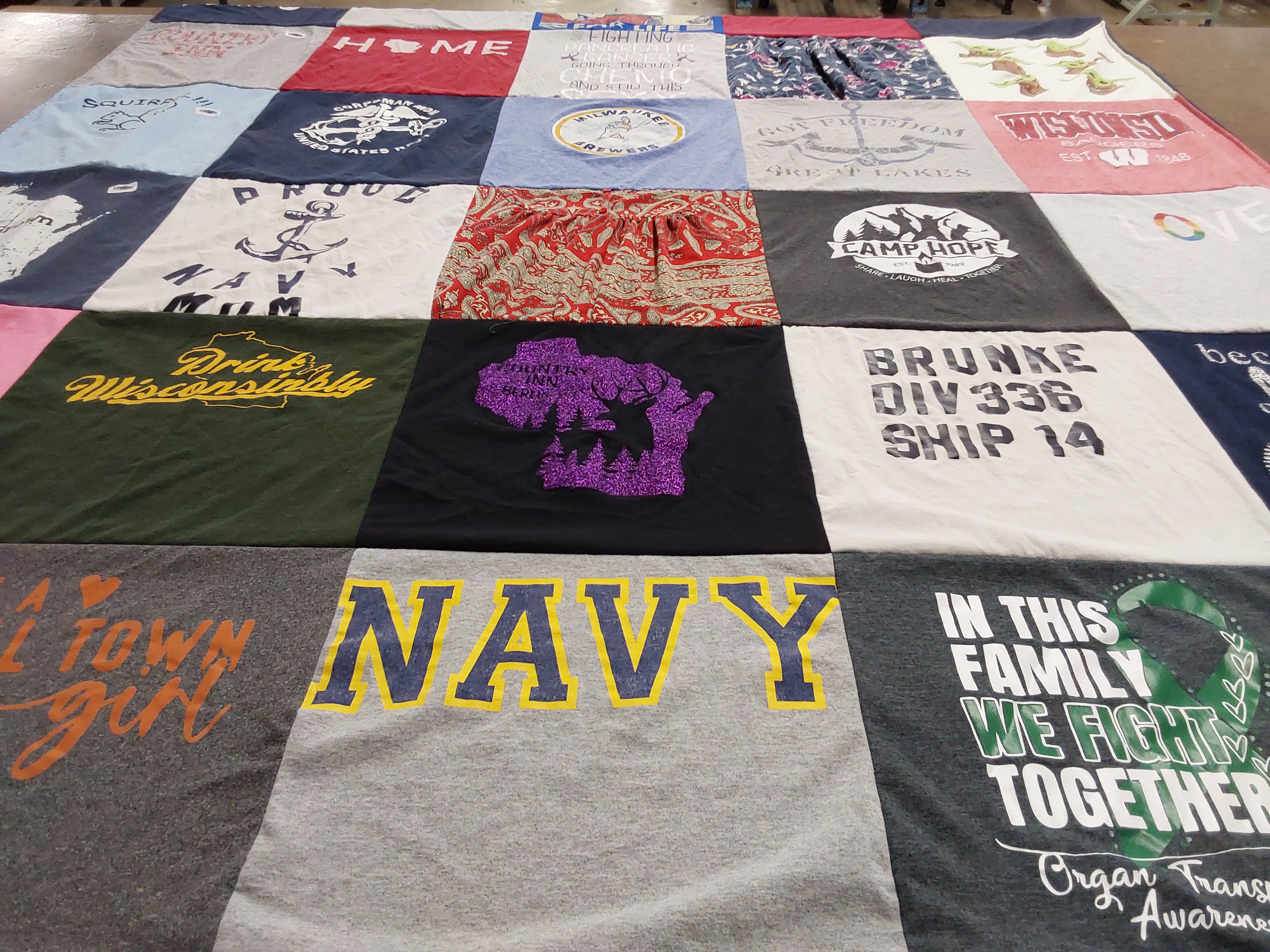 T-shirt quilt with drinking responsibly, family support themes by Robin from WI
