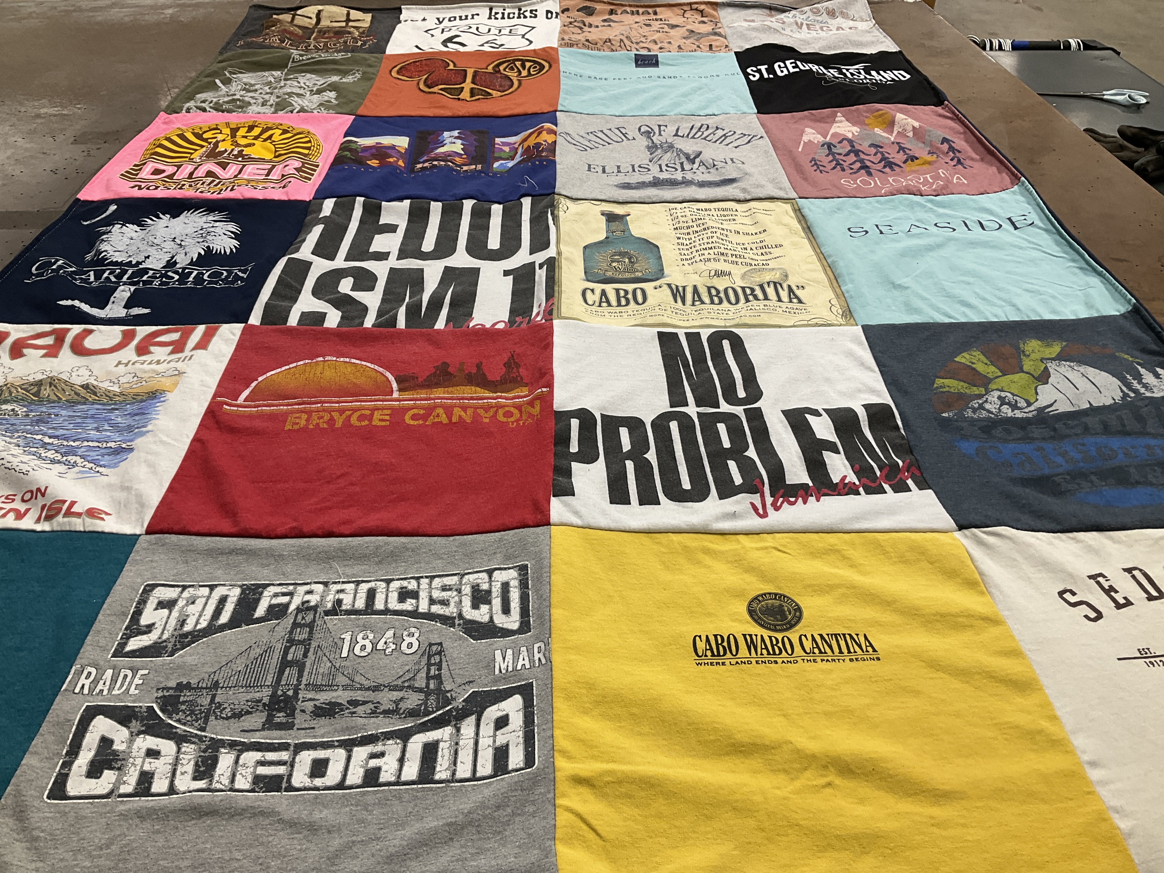 T-shirt quilt with travel, beaches themes by Leah from TX