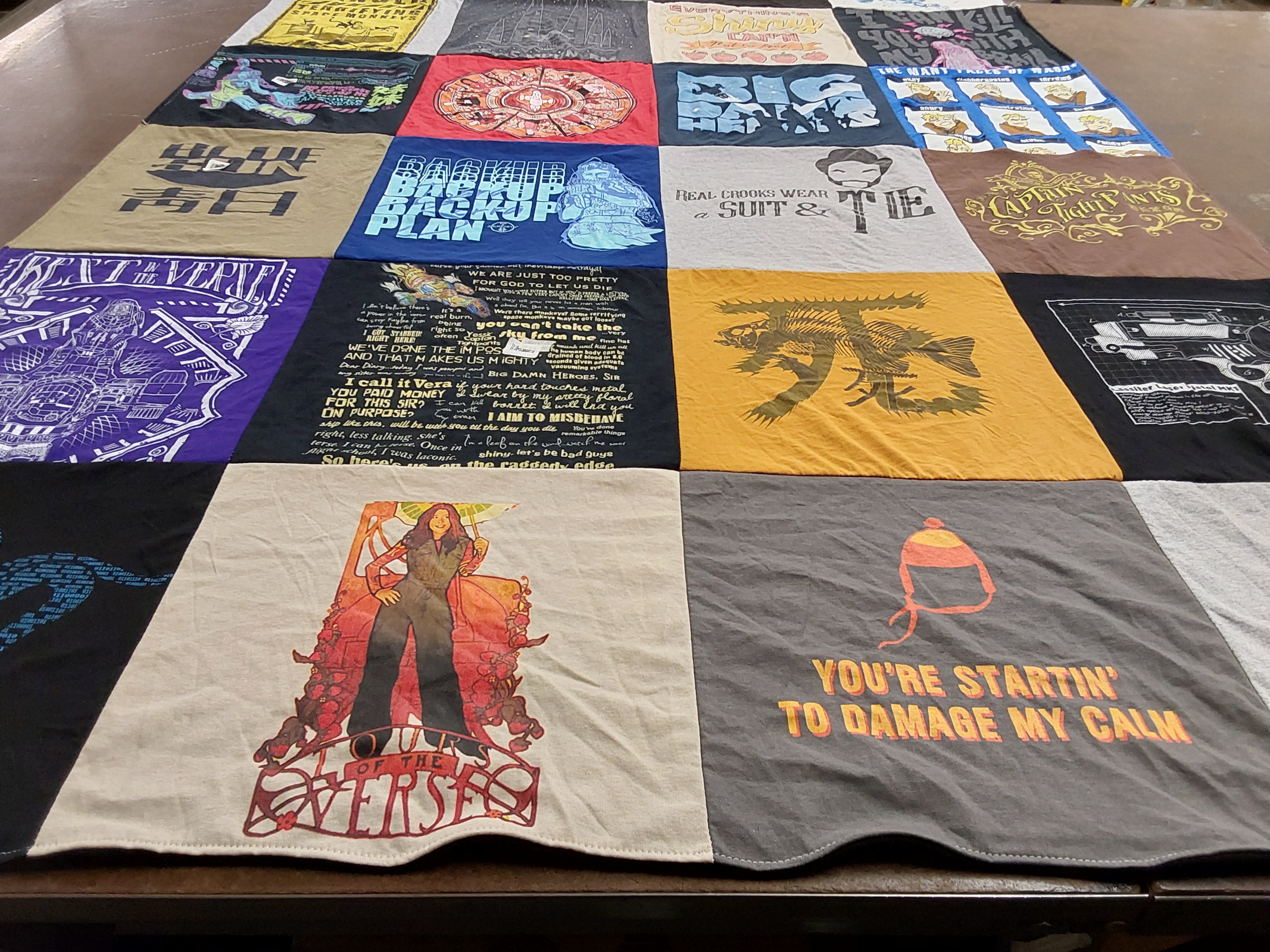 T-shirt quilt with comics, superheroes themes by Morgan from CA