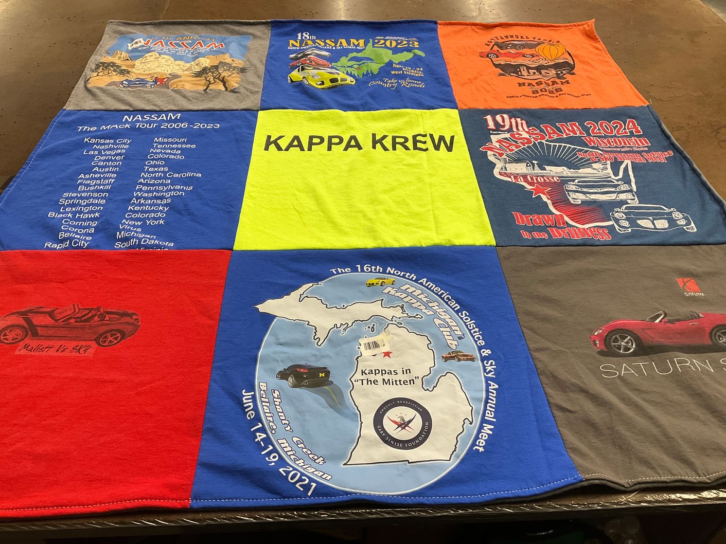 T-shirt quilt with cars, meetups themes by Sandi from AZ