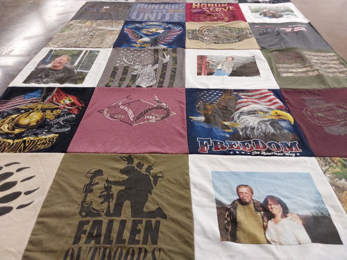T-shirt quilt with hunting, outdoor activities themes by brooke from FL