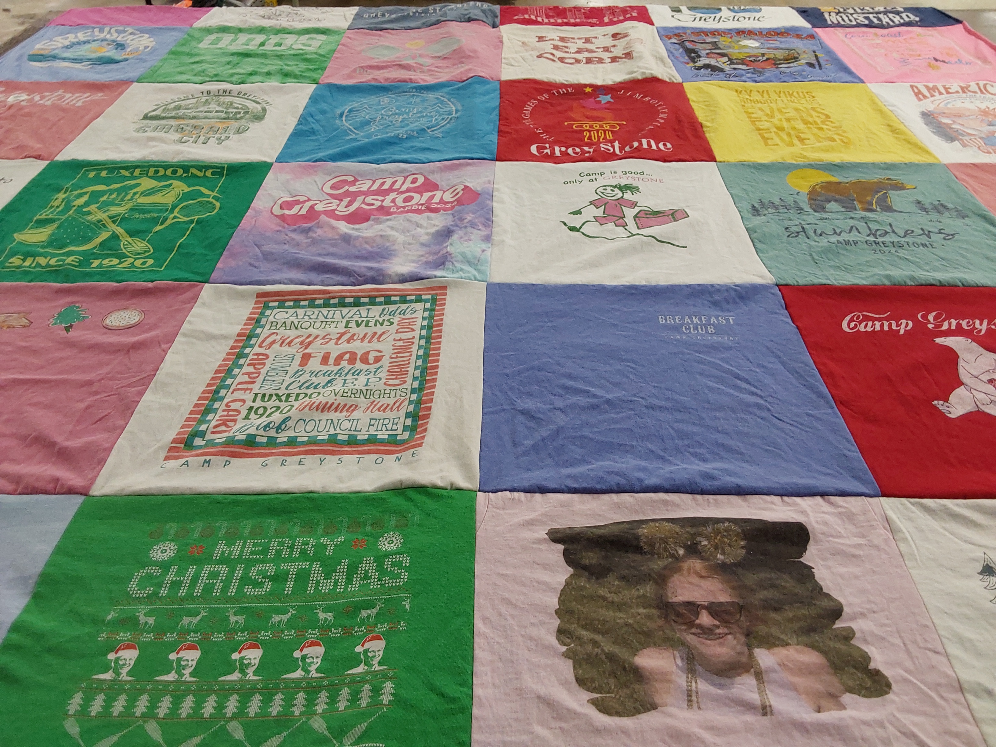 T-shirt quilt with camping, holiday celebrations themes by Eleanor from SC