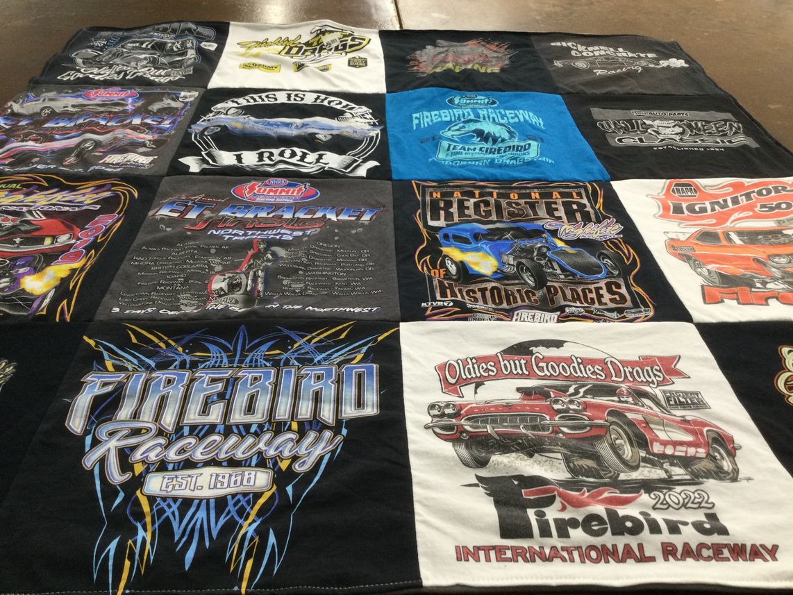 T-shirt quilt with drag racing, car shows themes by Sandi from ID