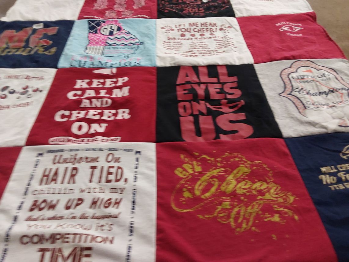 T-shirt quilt with cheerleading themes by Sandra from GA