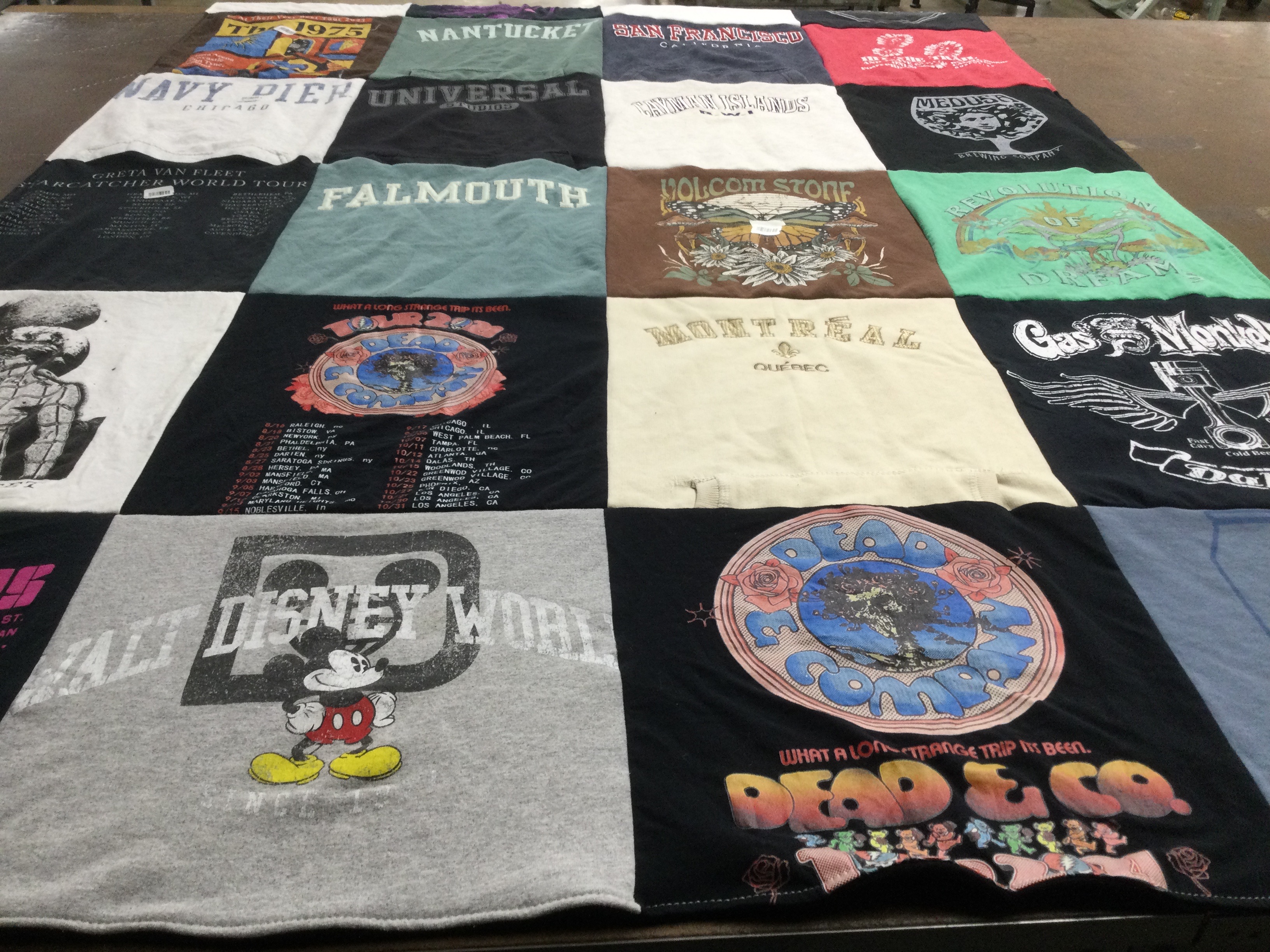 T-shirt quilt with music, travel themes by Leah from MA