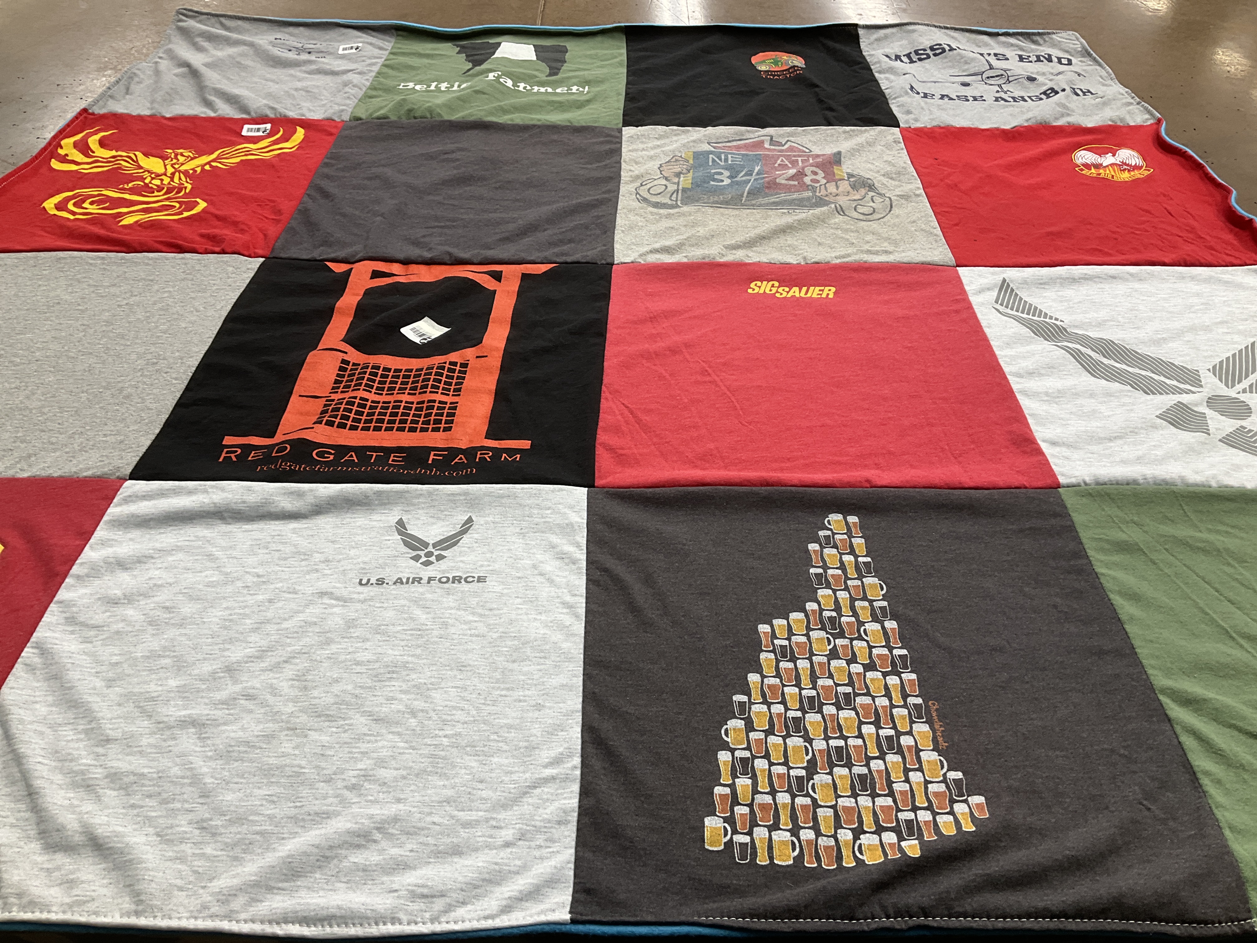 T-shirt quilt with farming, beer themes by Whitney from NH