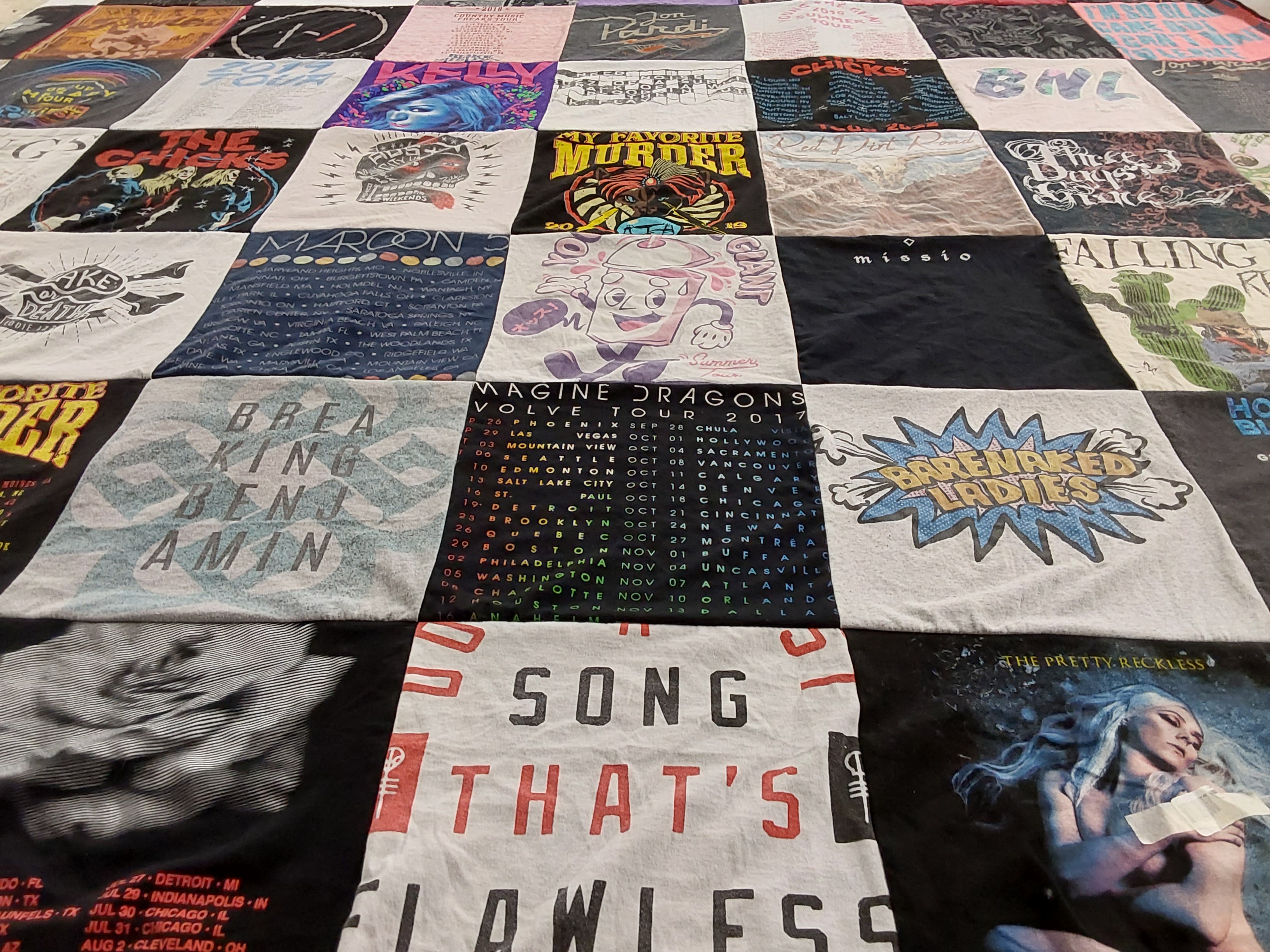 T-shirt quilt with music, concerts themes by Katy from TX