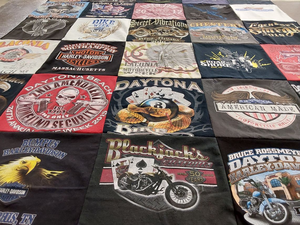T-shirt quilt with motorcycles, biker culture themes by Janet from MA