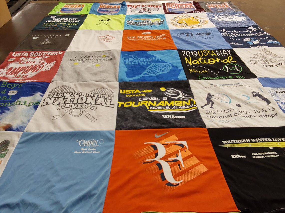 T-shirt quilt with tennis, sports themes by Claire from NC