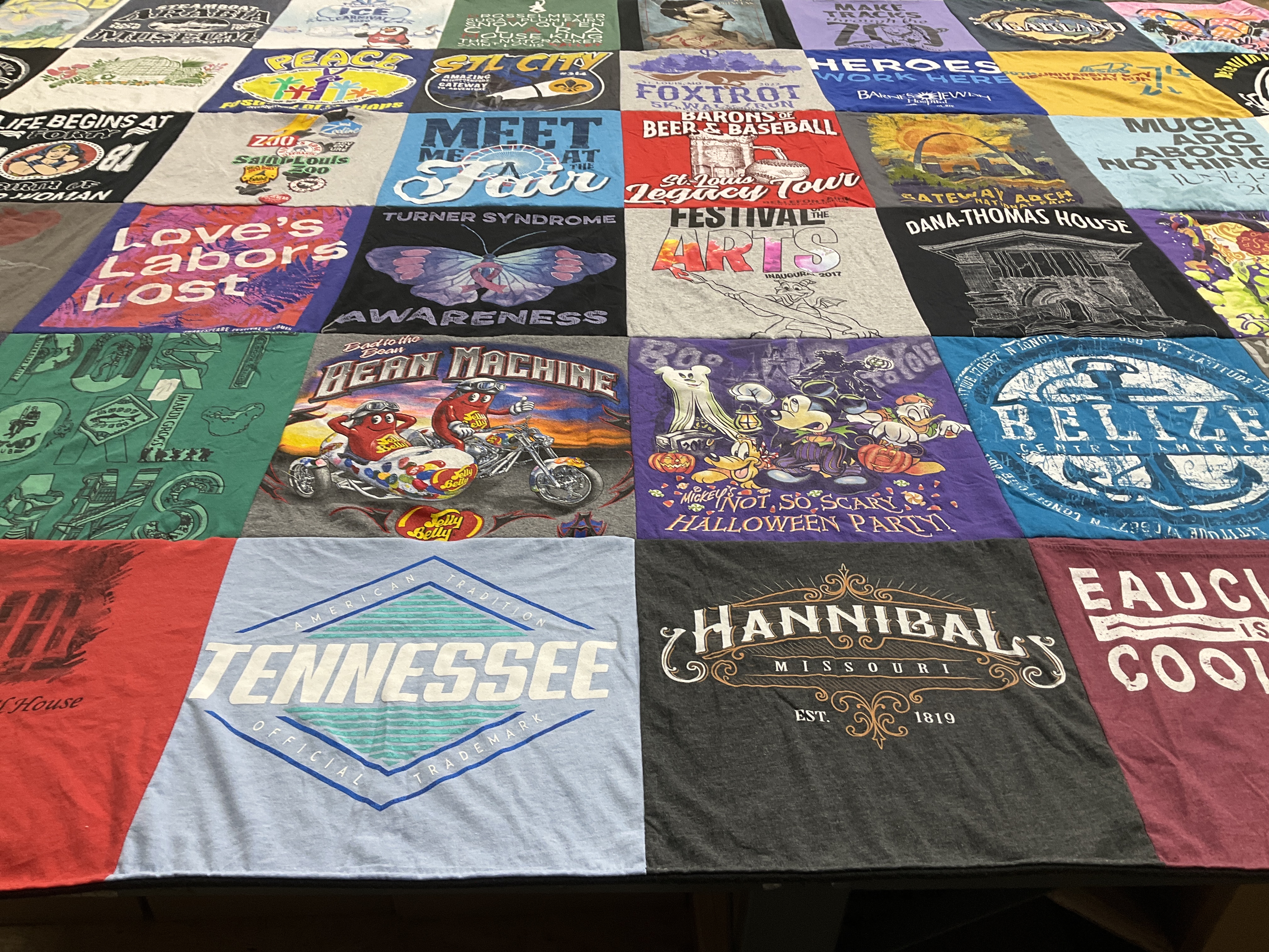 T-shirt quilt with theater, awareness themes by Amanda from MO