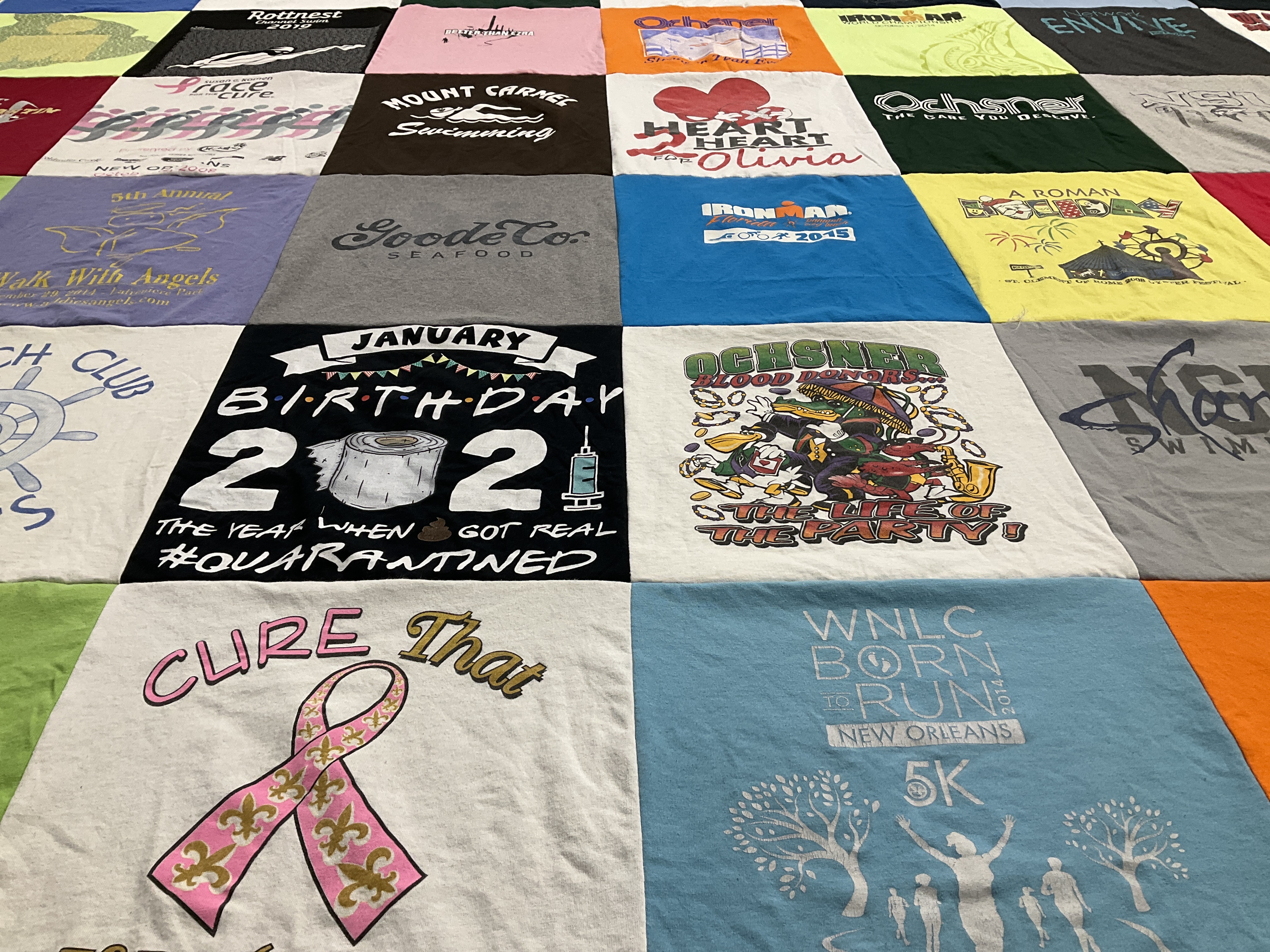 T-shirt quilt with health, fitness themes by Indred from LA