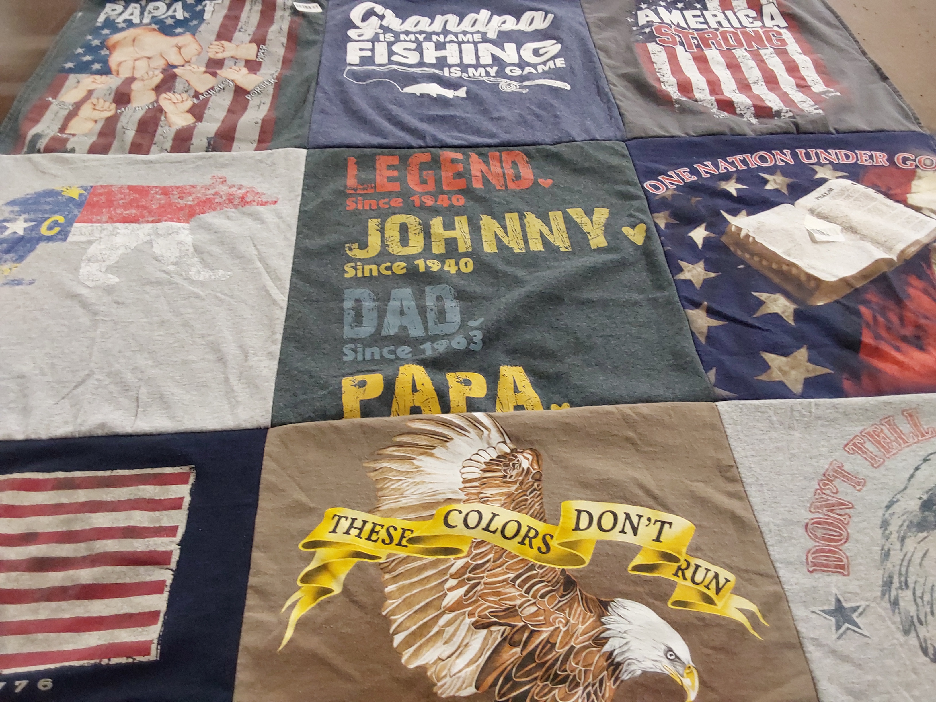 T-shirt quilt with fishing, patriotism themes by Lisa from NC