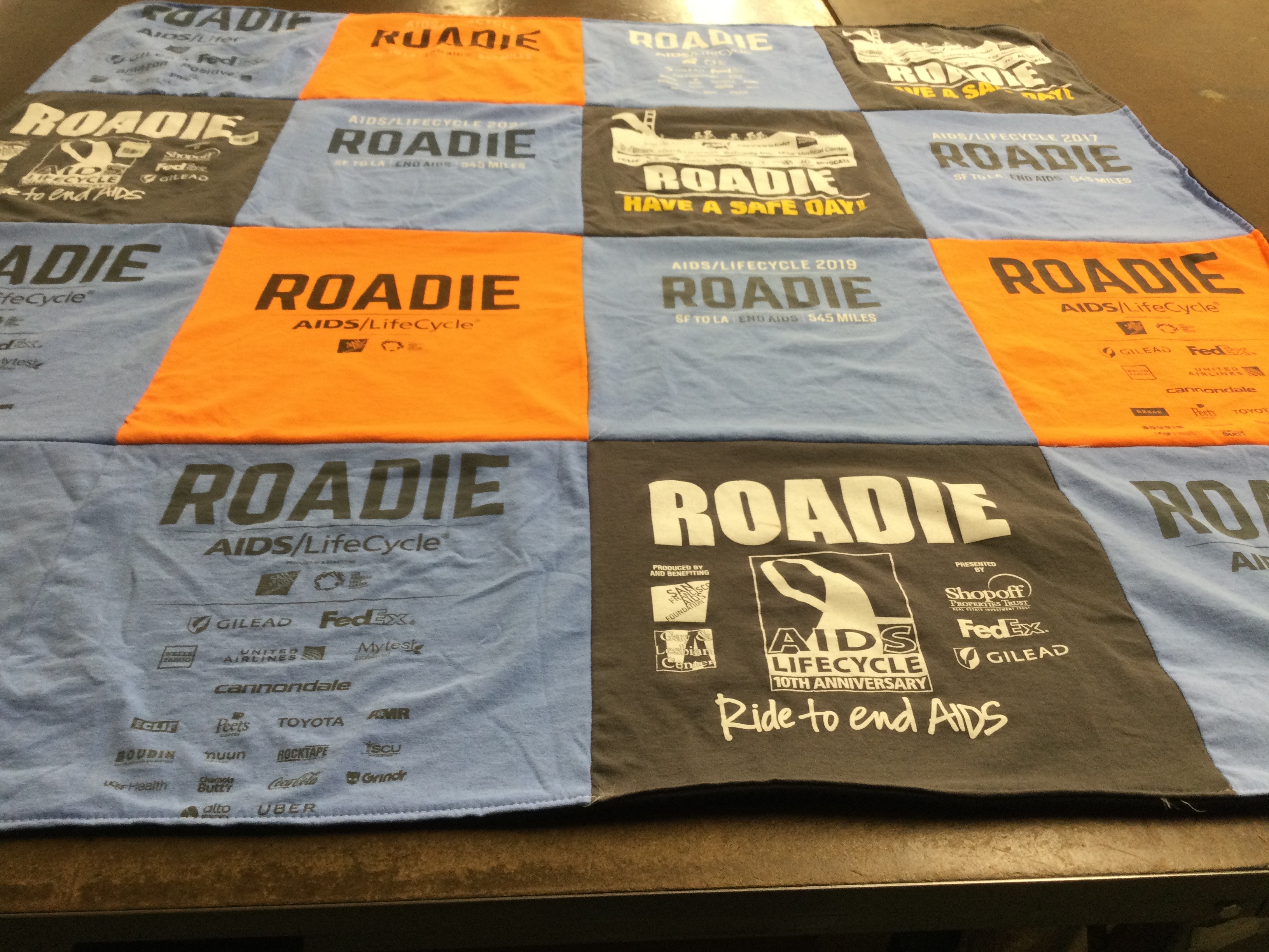 T-shirt quilt with aids awareness, cycling themes by Lauren from CA