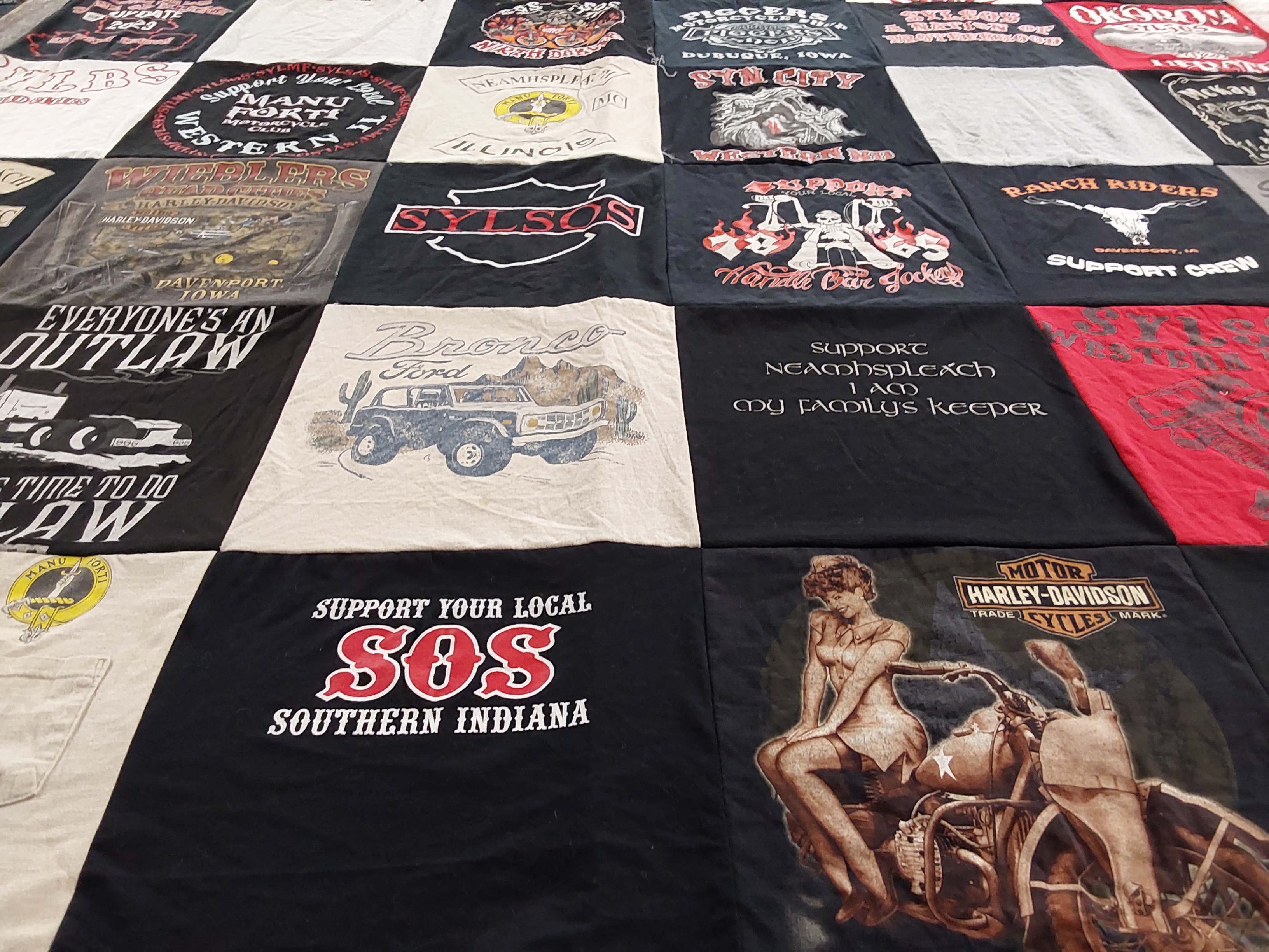 T-shirt quilt with motorcycles, outlaw culture themes by Paula from IL
