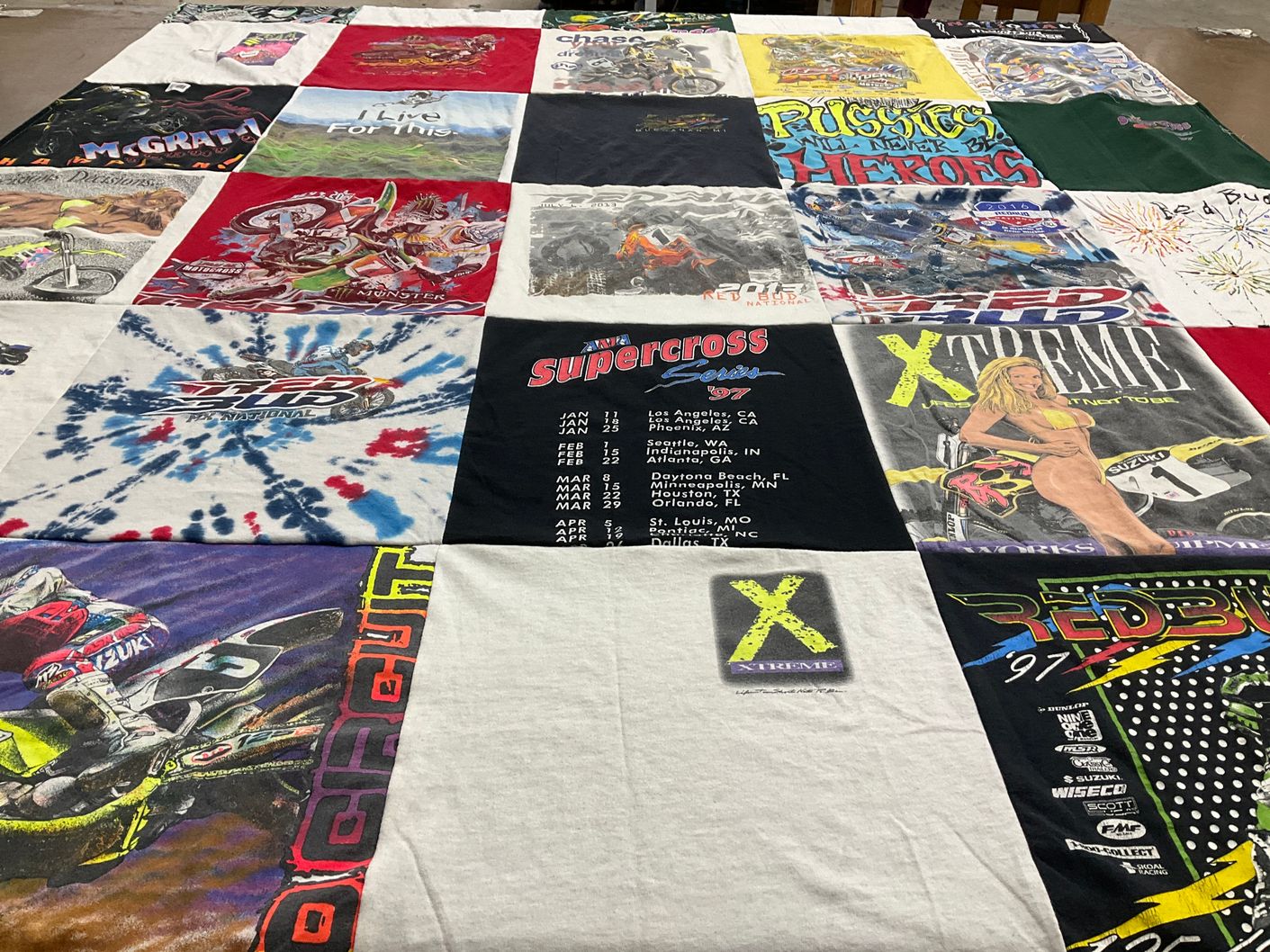 T-shirt quilt with motocross, racing themes by Rhonda from IN