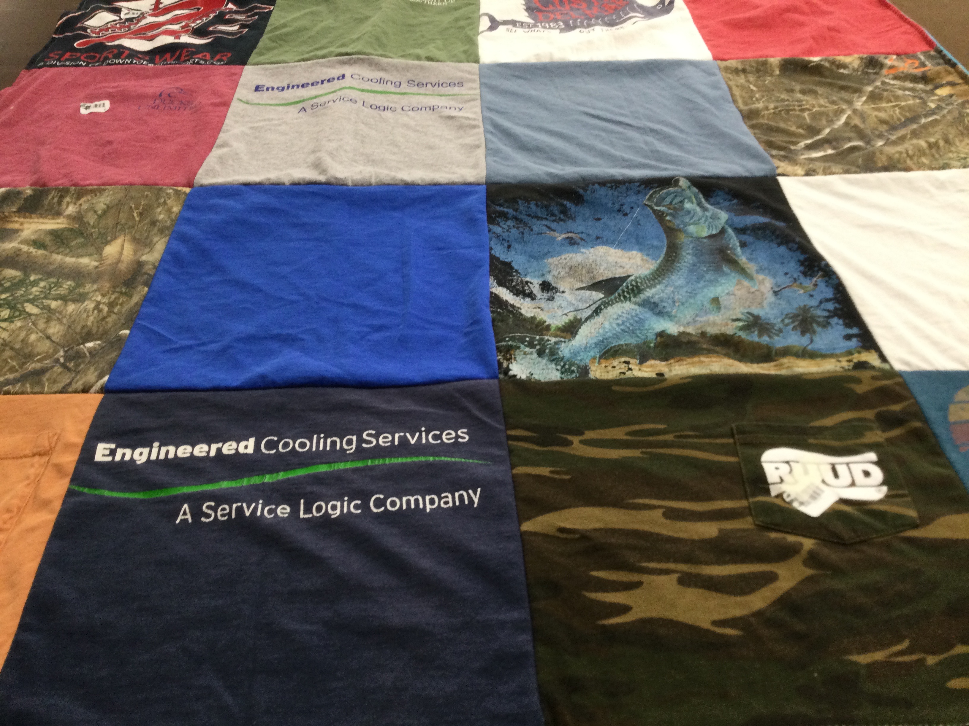 T-shirt quilt with fishing, outdoors themes by BLAINE from FL