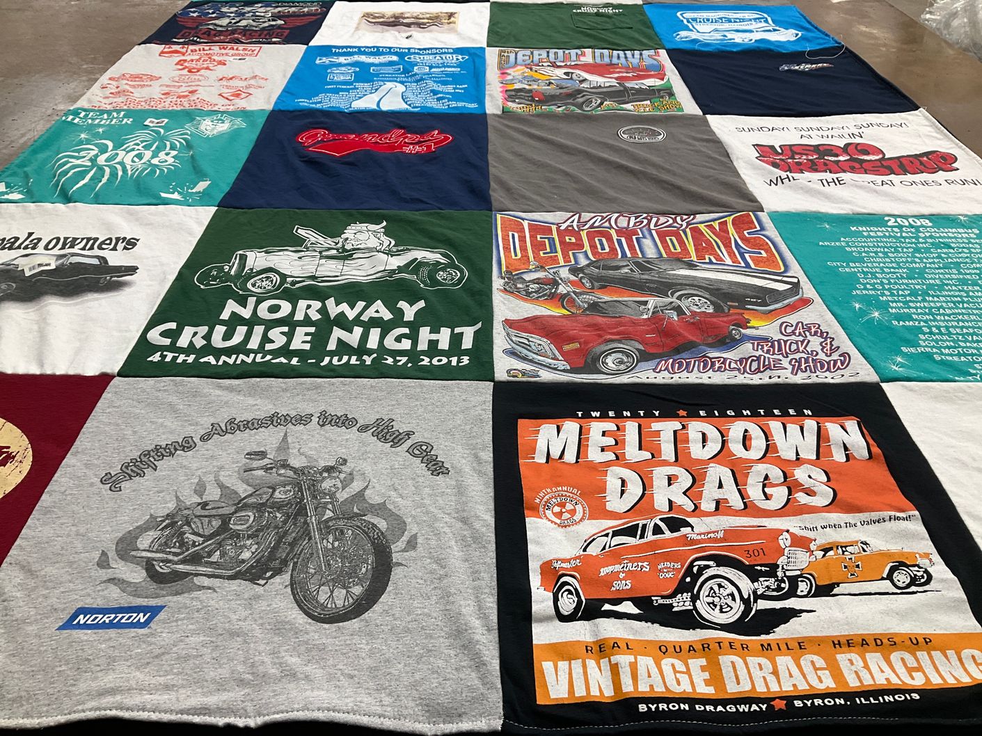 T-shirt quilt with car shows, motorcycles themes by Linda from IL