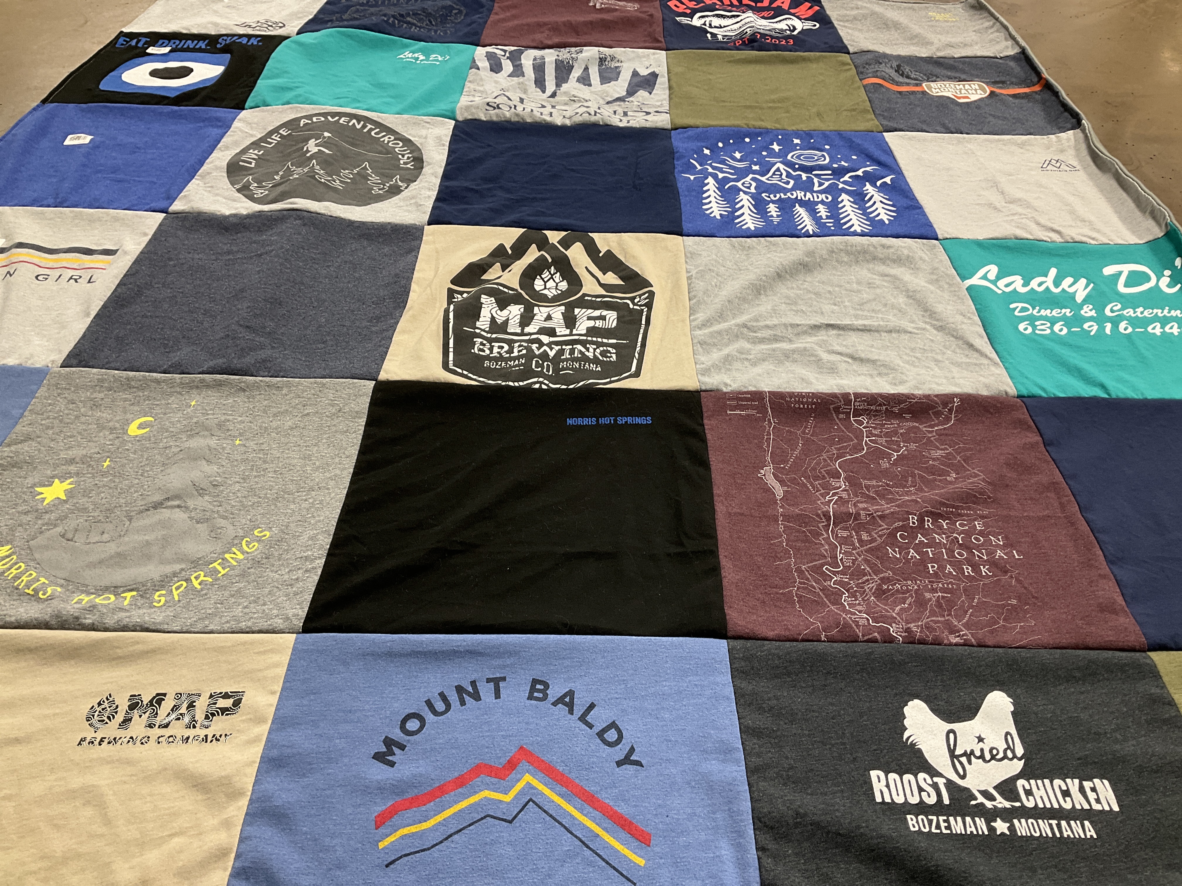 T-shirt quilt with brewing, dining themes by Machelle from IN