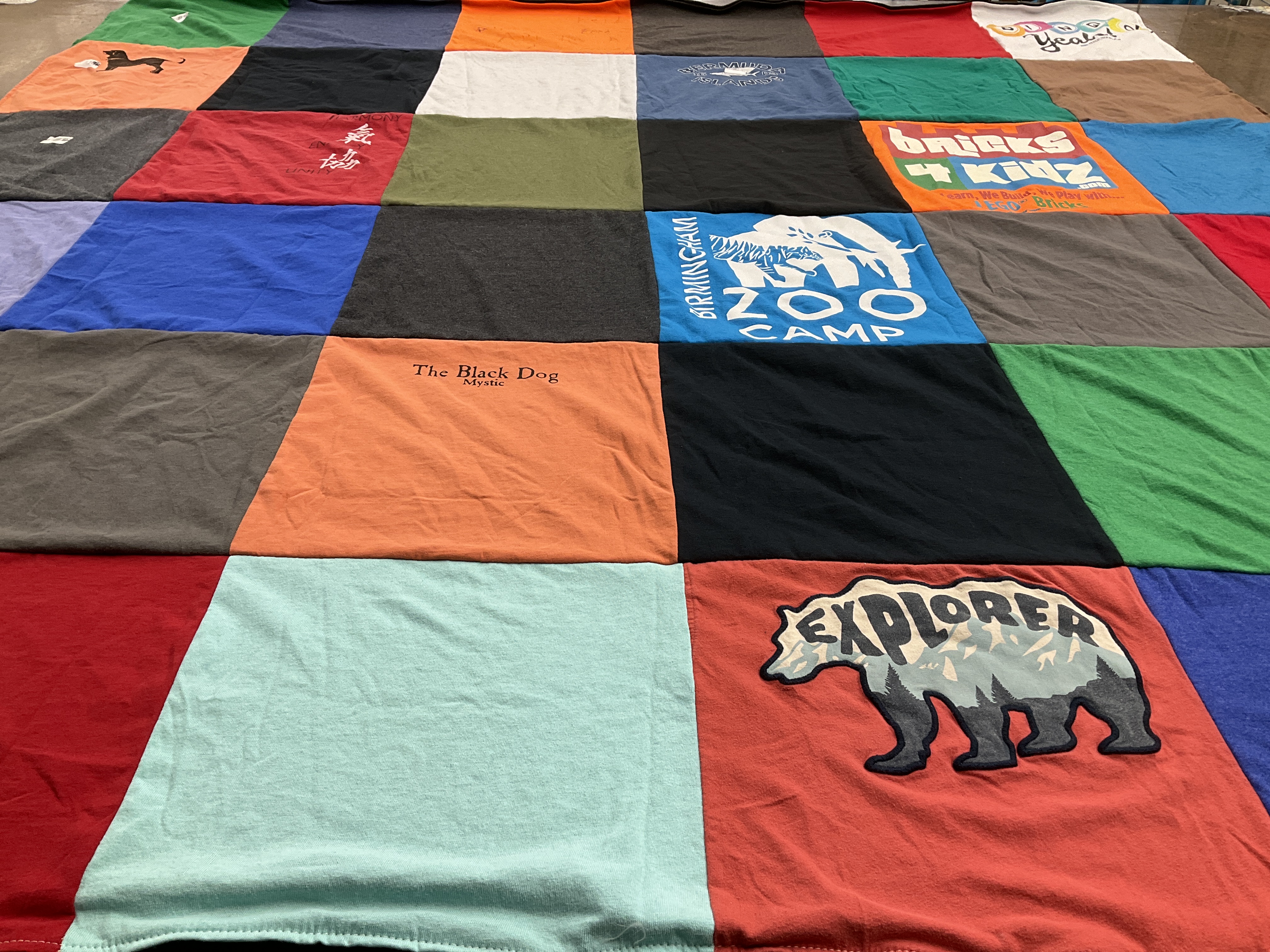 T-shirt quilt with camping, animals themes by Rebecca from NC