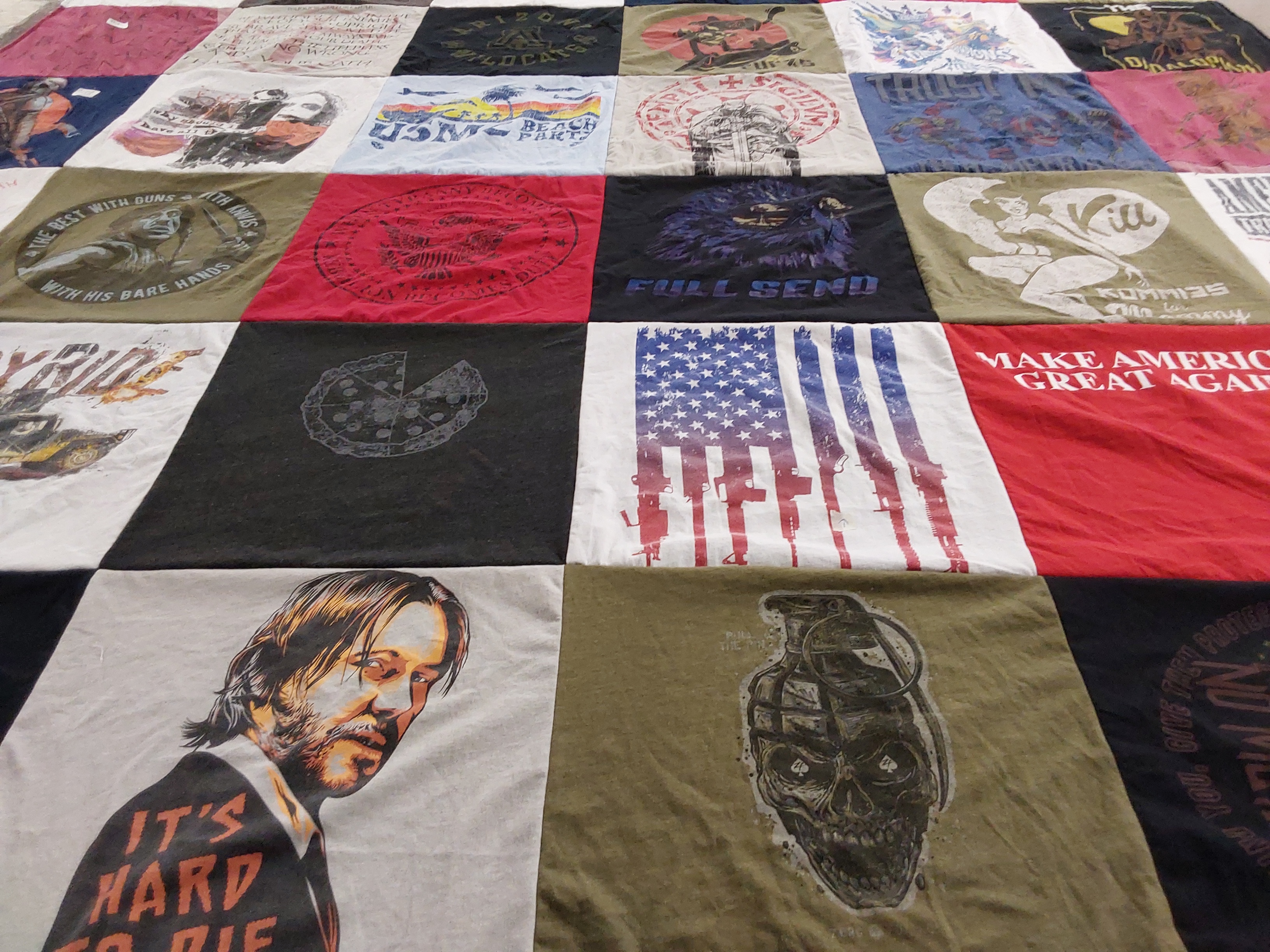 T-shirt quilt with movies, patriotism themes by Sarah from AZ