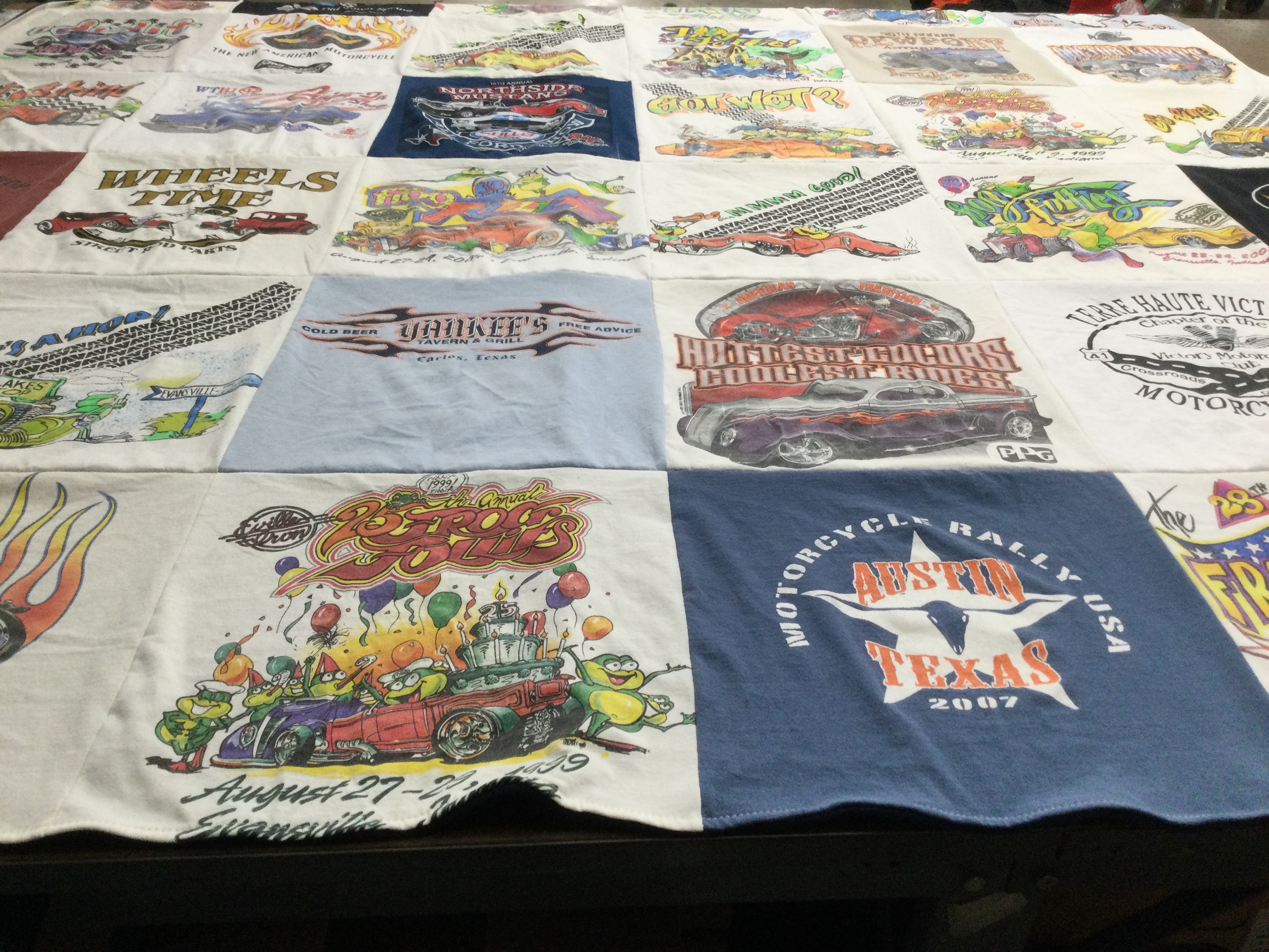 T-shirt quilt with motorcycles, car shows themes by William from TX