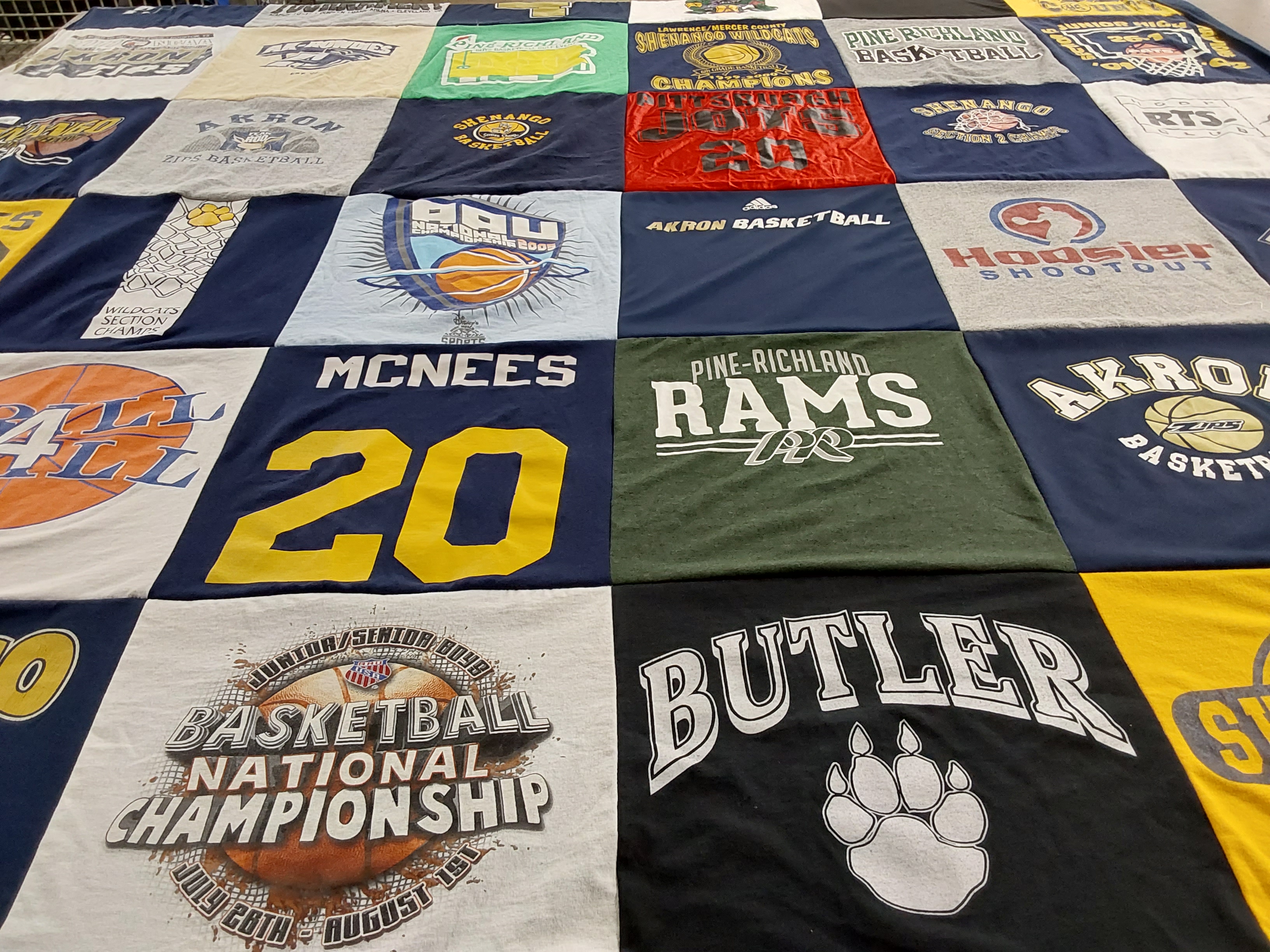 T-shirt quilt featuring pine-richland rams, sharon wildcats by Kathleen from PA