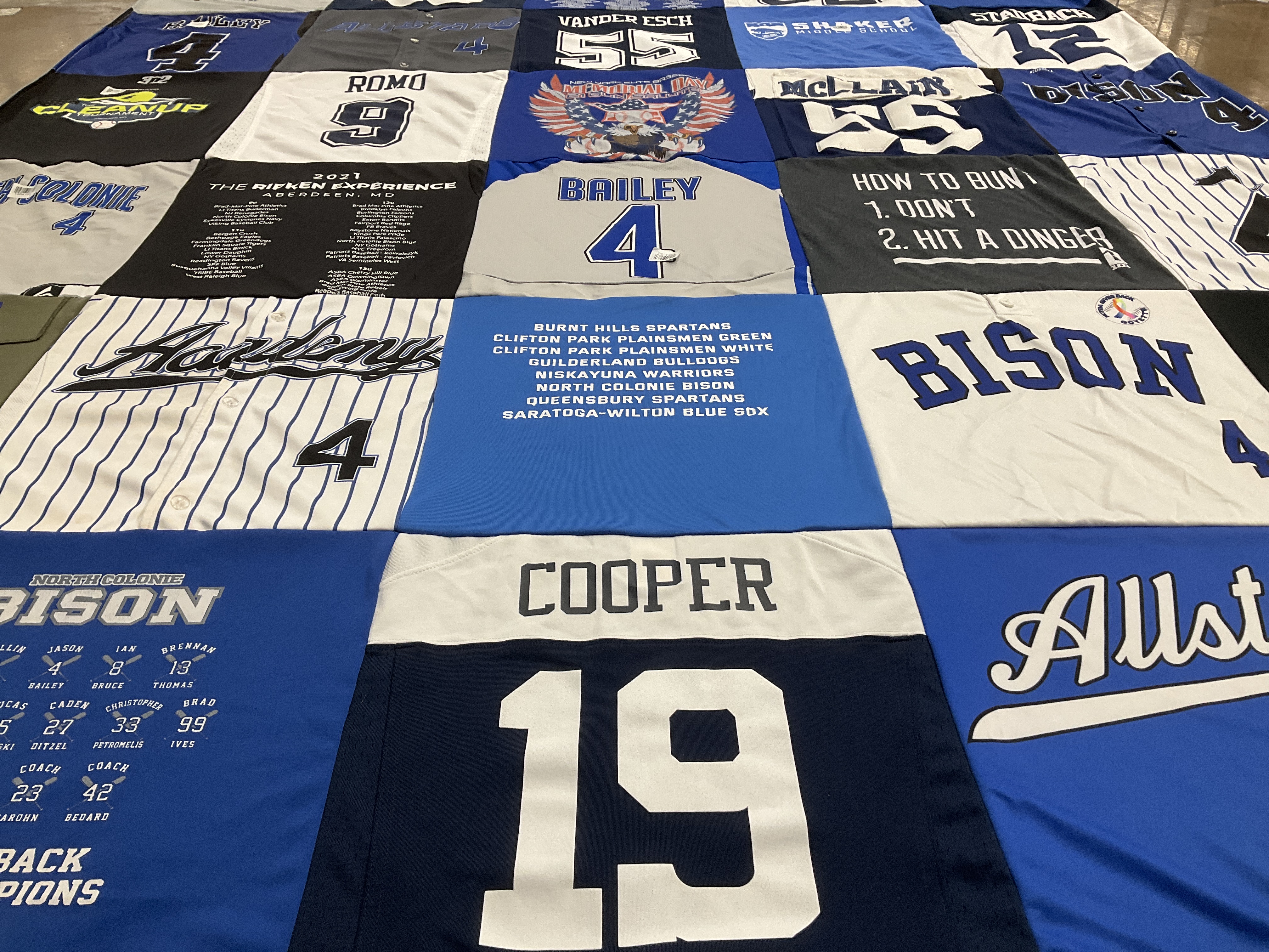 T-shirt quilt featuring north colonie bison, saratoga-wilton blue sox by Katie from NY