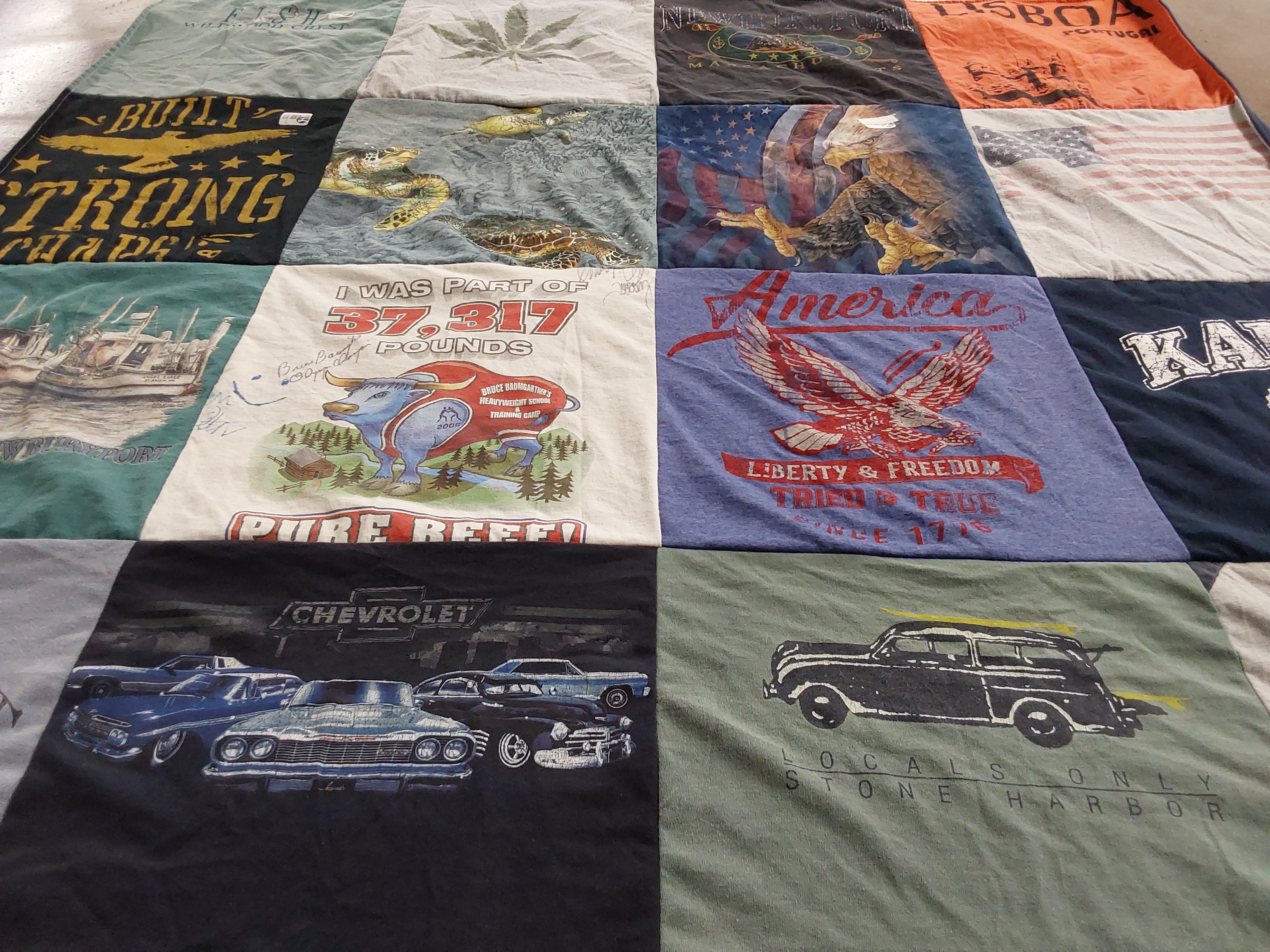 T-shirt quilt with automobiles, outdoors themes by Bruce from GA